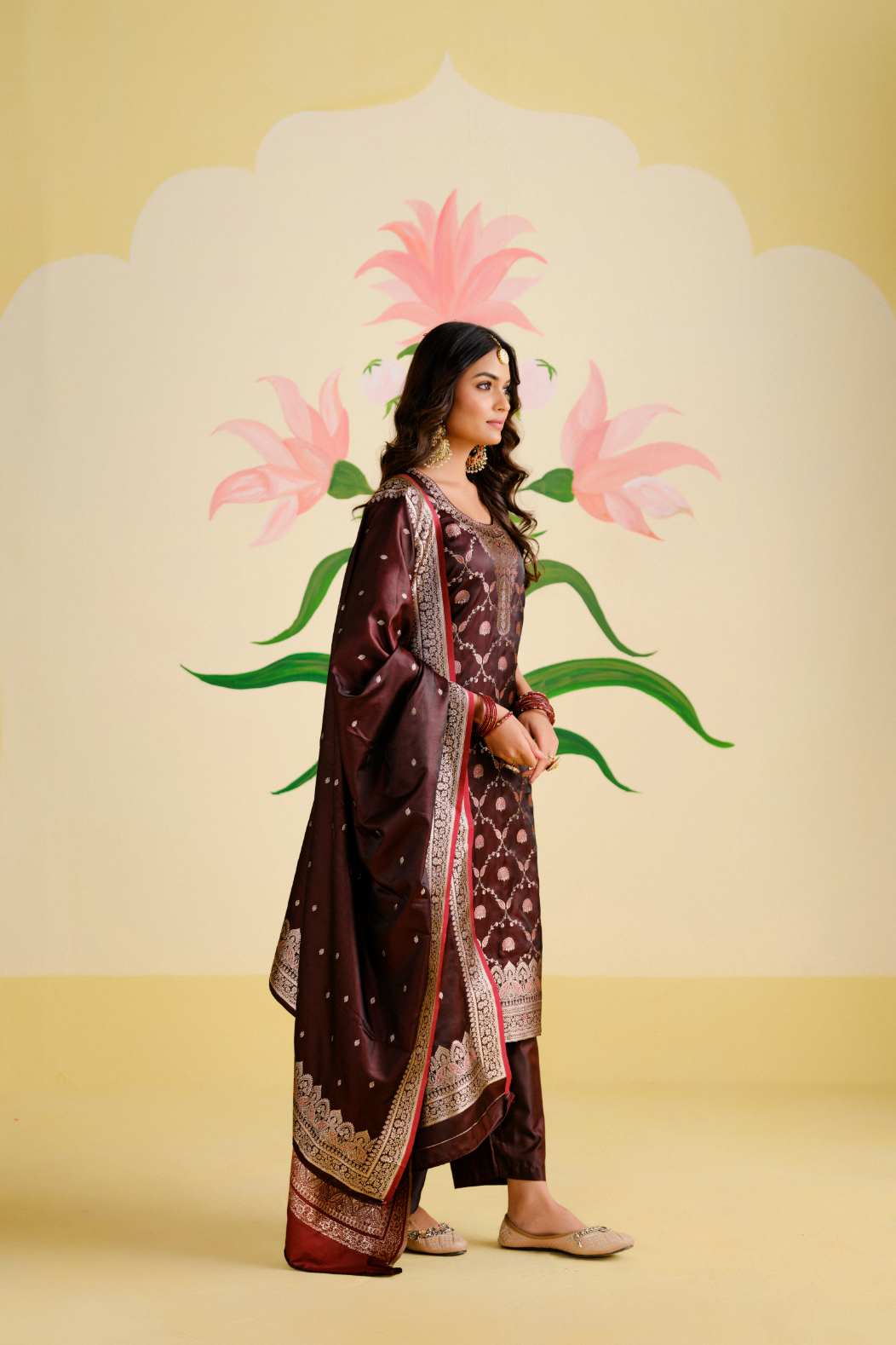 Maroon Satin Silk Woven Readymade Salwar Suit Set