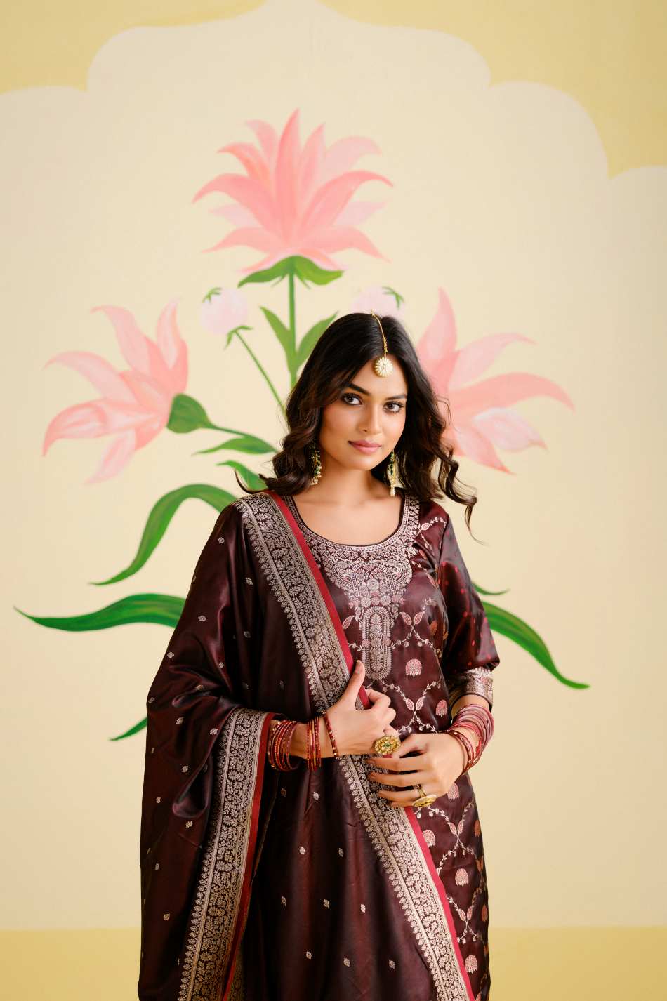 Maroon Satin Silk Woven Readymade Salwar Suit Set