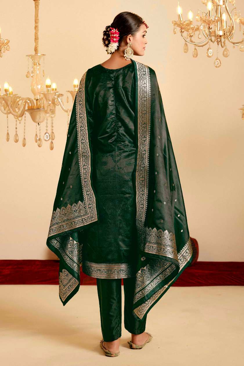 Bottle Green Satin Silk Woven Readymade Salwar Suit Set