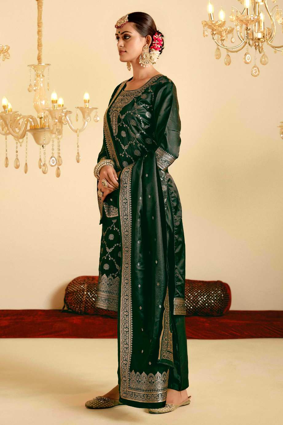 Bottle Green Satin Silk Woven Readymade Salwar Suit Set