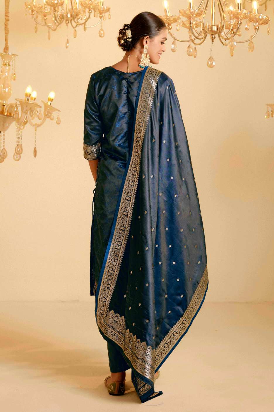 Peacock Blue Satin Silk Woven Readymade Salwar Suit Set