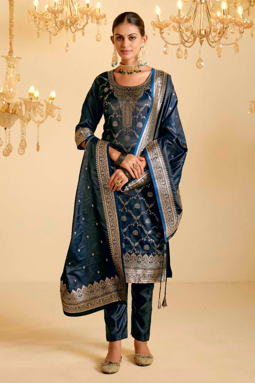 Peacock Blue Satin Silk Woven Readymade Salwar Suit Set