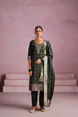 Green Satin Silk Woven Readymade Salwar Suit Set