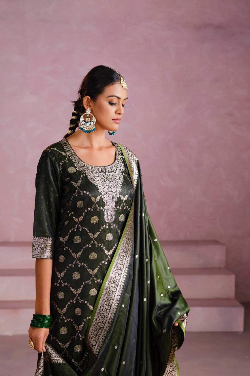 Green Satin Silk Woven Readymade Salwar Suit Set