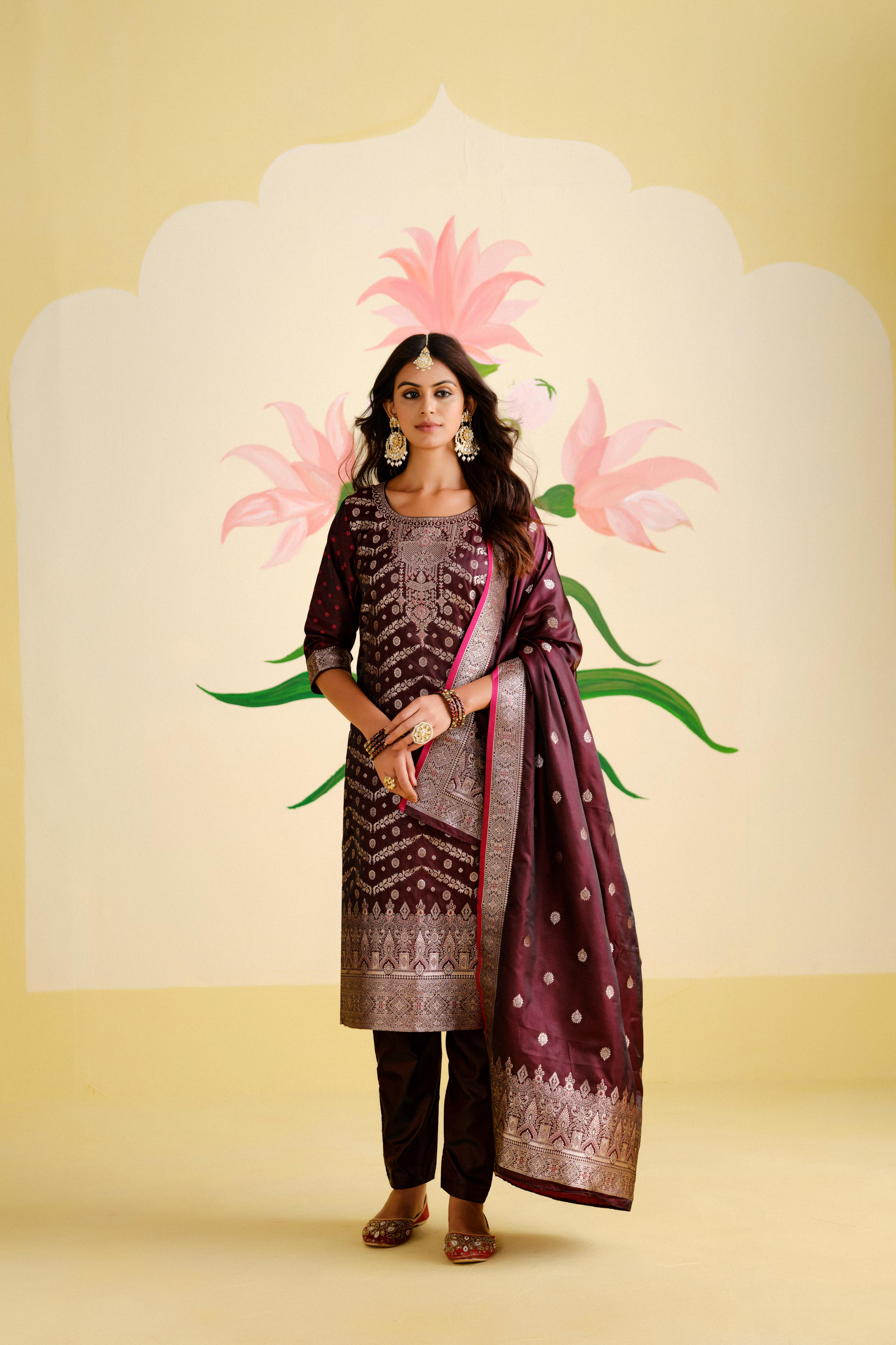 Wine Satin Silk Woven Readymade Salwar Suit Set