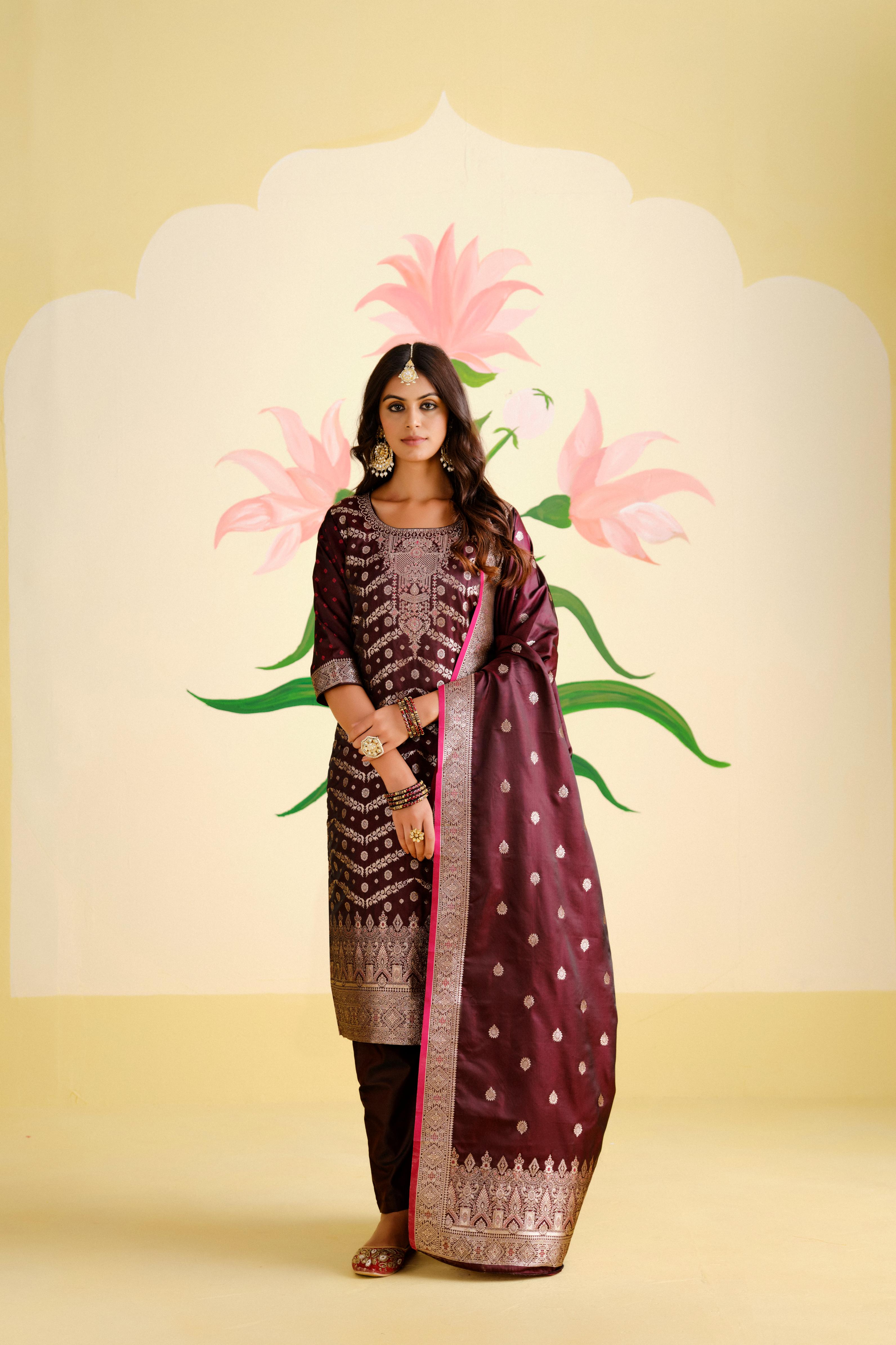 Wine Satin Silk Woven Readymade Salwar Suit Set