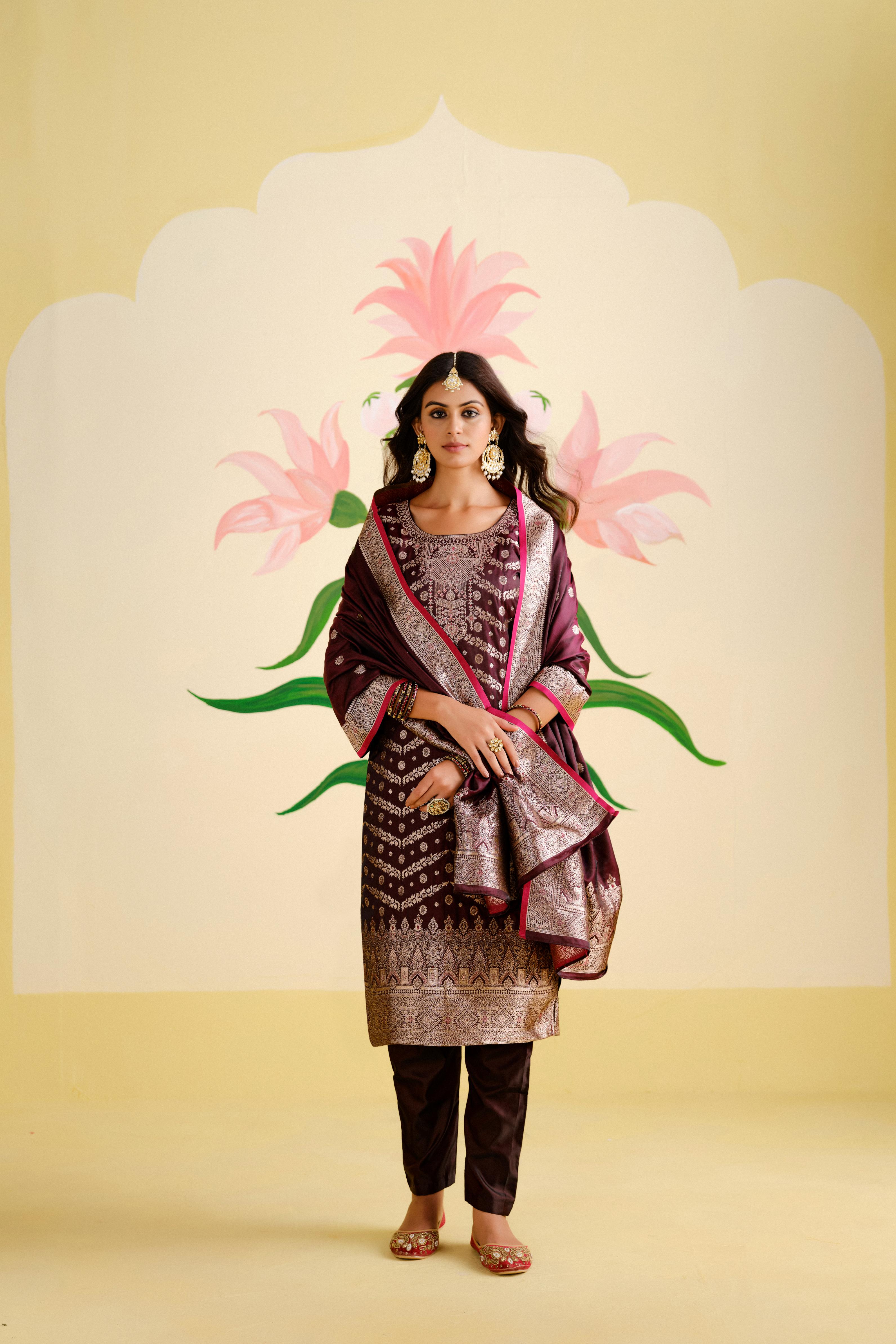 Wine Satin Silk Woven Readymade Salwar Suit Set