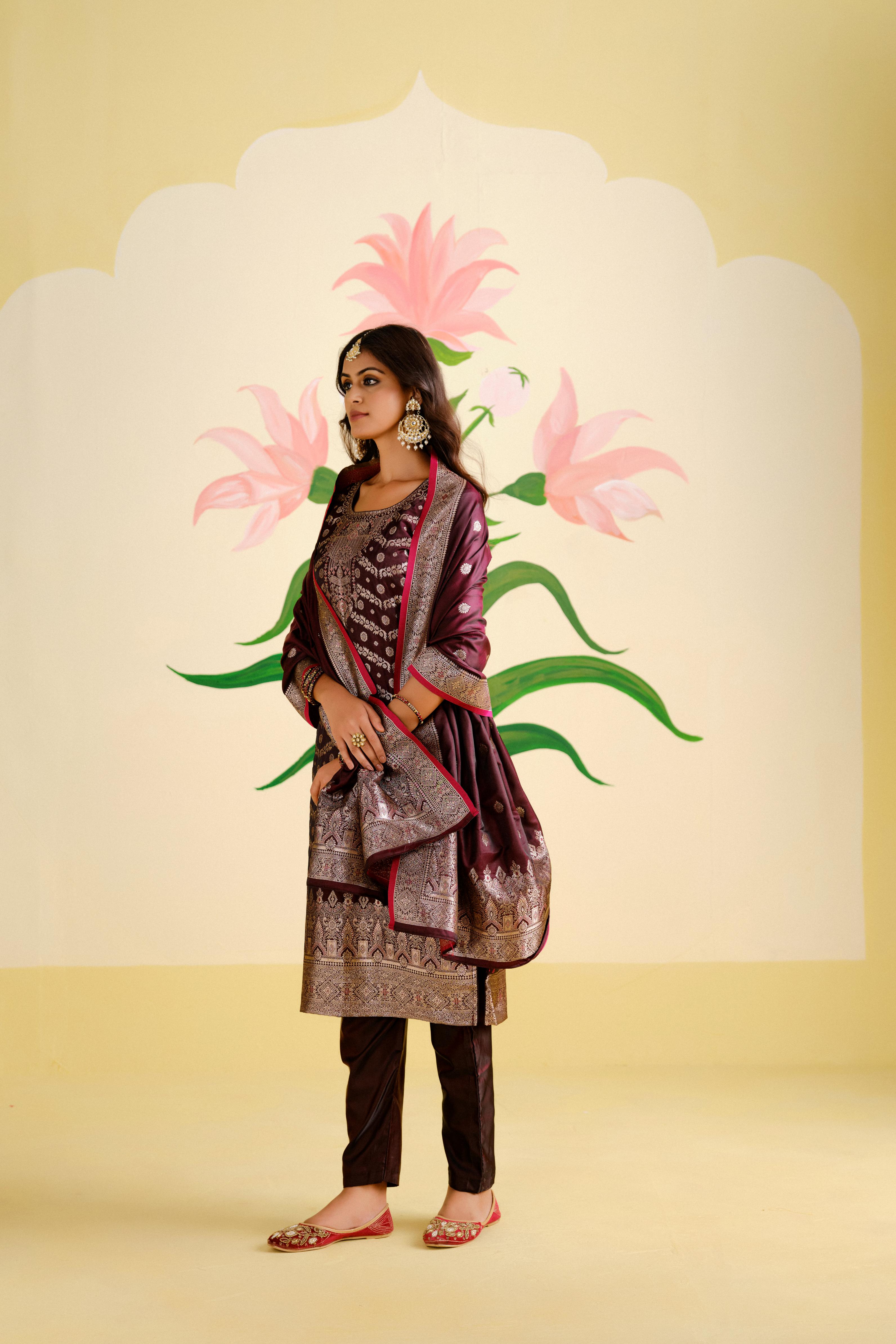 Wine Satin Silk Woven Readymade Salwar Suit Set