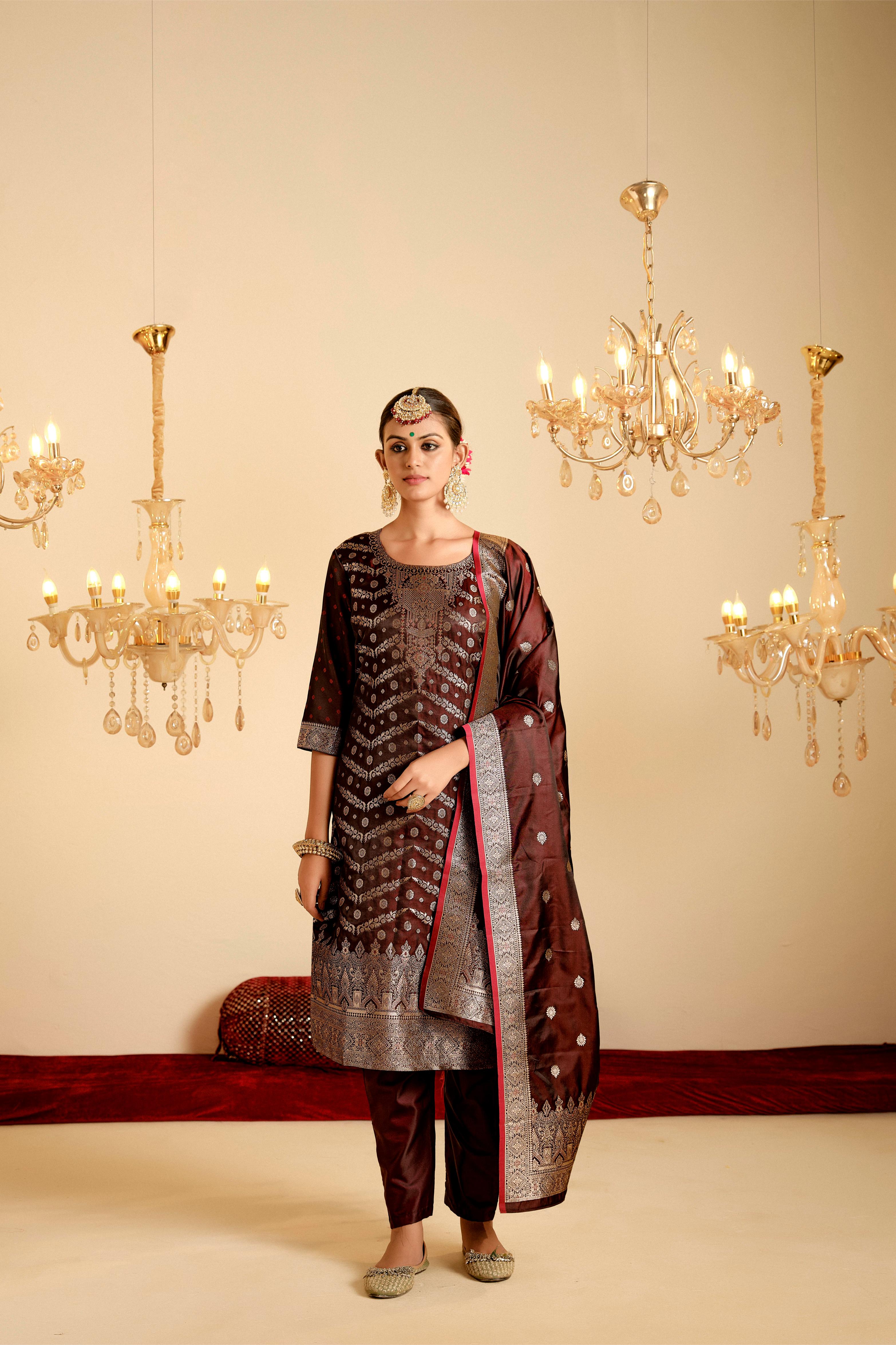 Maroon Satin Silk Woven Readymade Salwar Suit Set