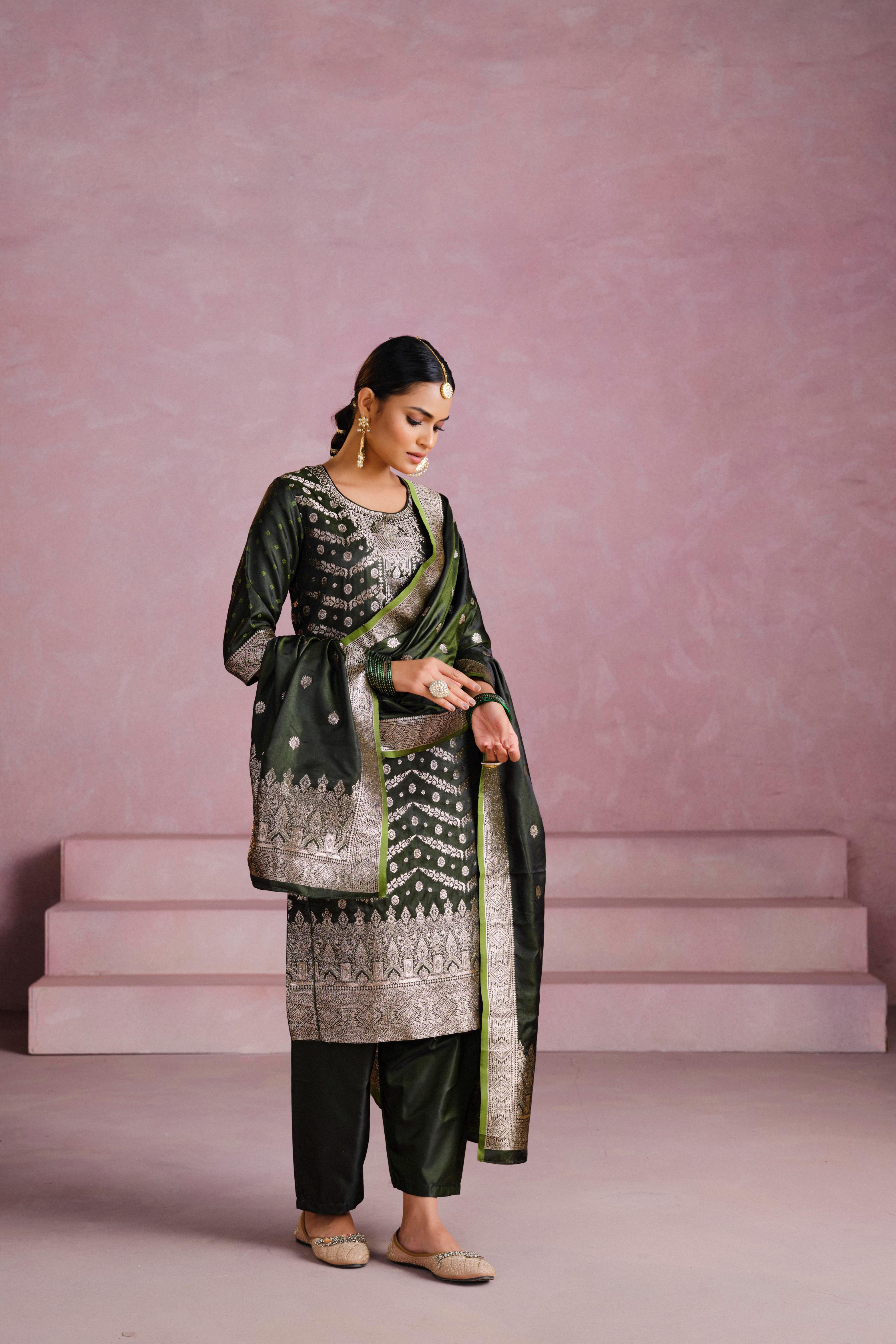 Bottle Green Satin Silk Woven Readymade Salwar Suit Set