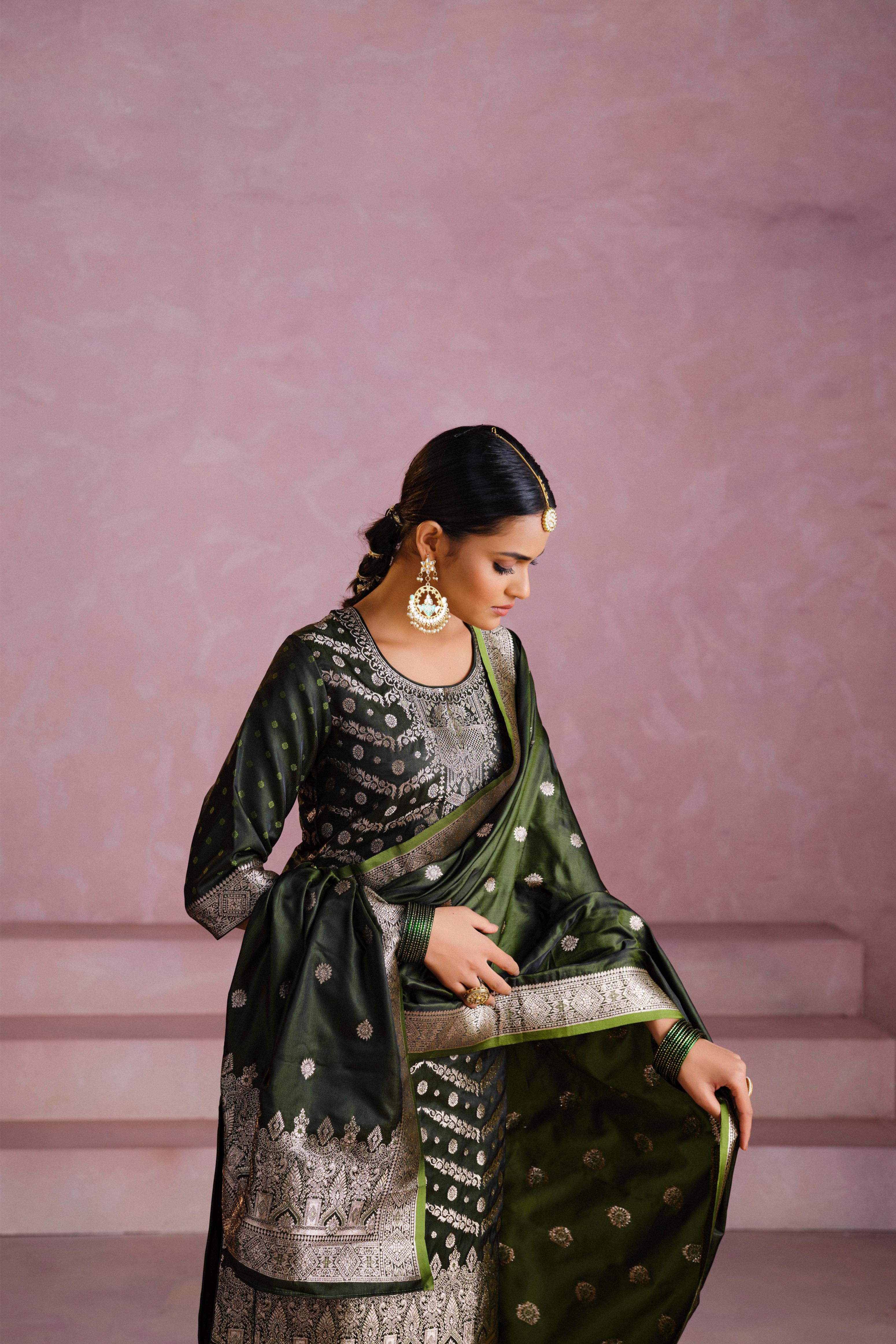 Bottle Green Satin Silk Woven Readymade Salwar Suit Set