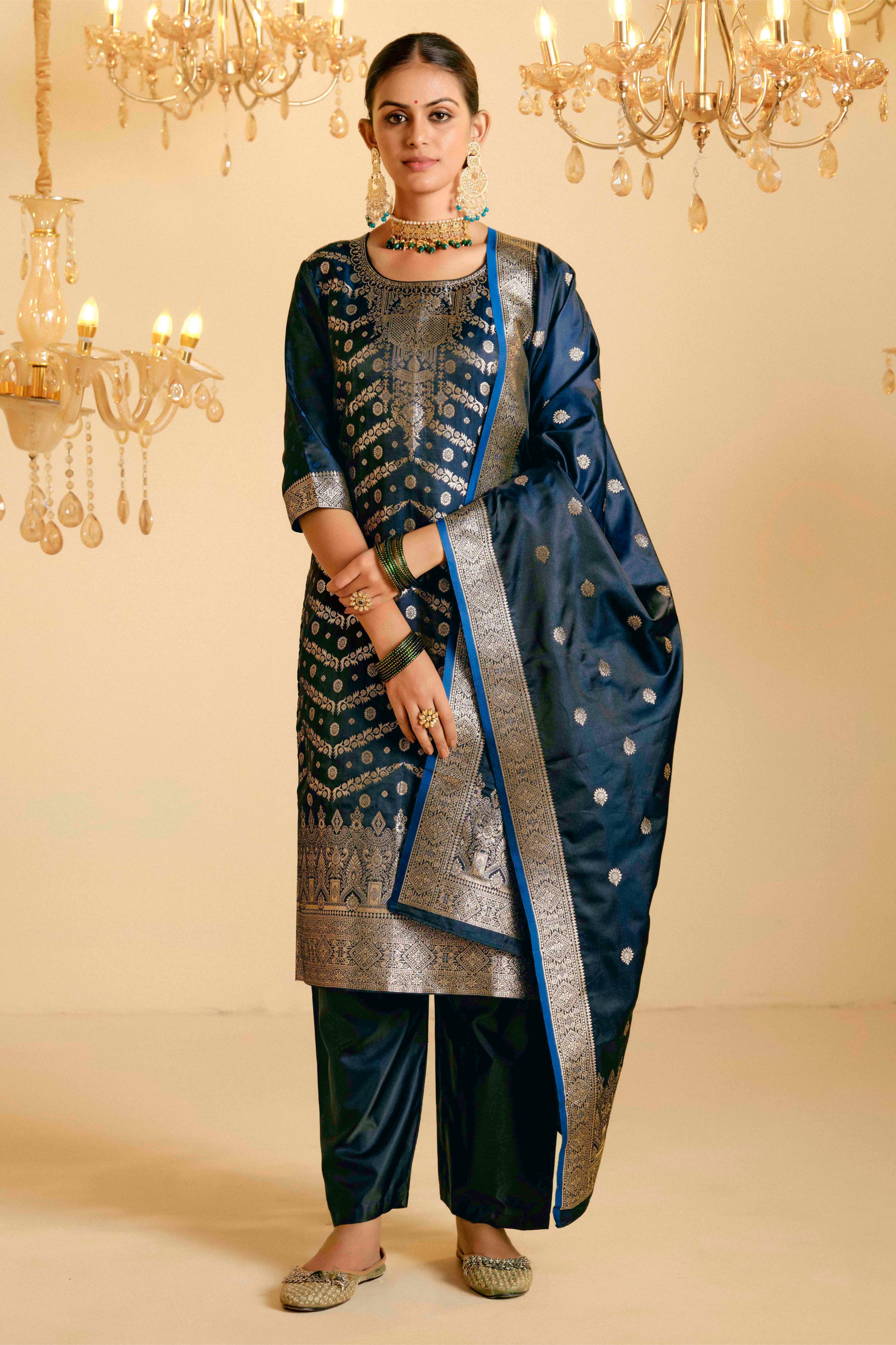 Peacock Blue Satin Silk Woven Readymade Salwar Suit Set