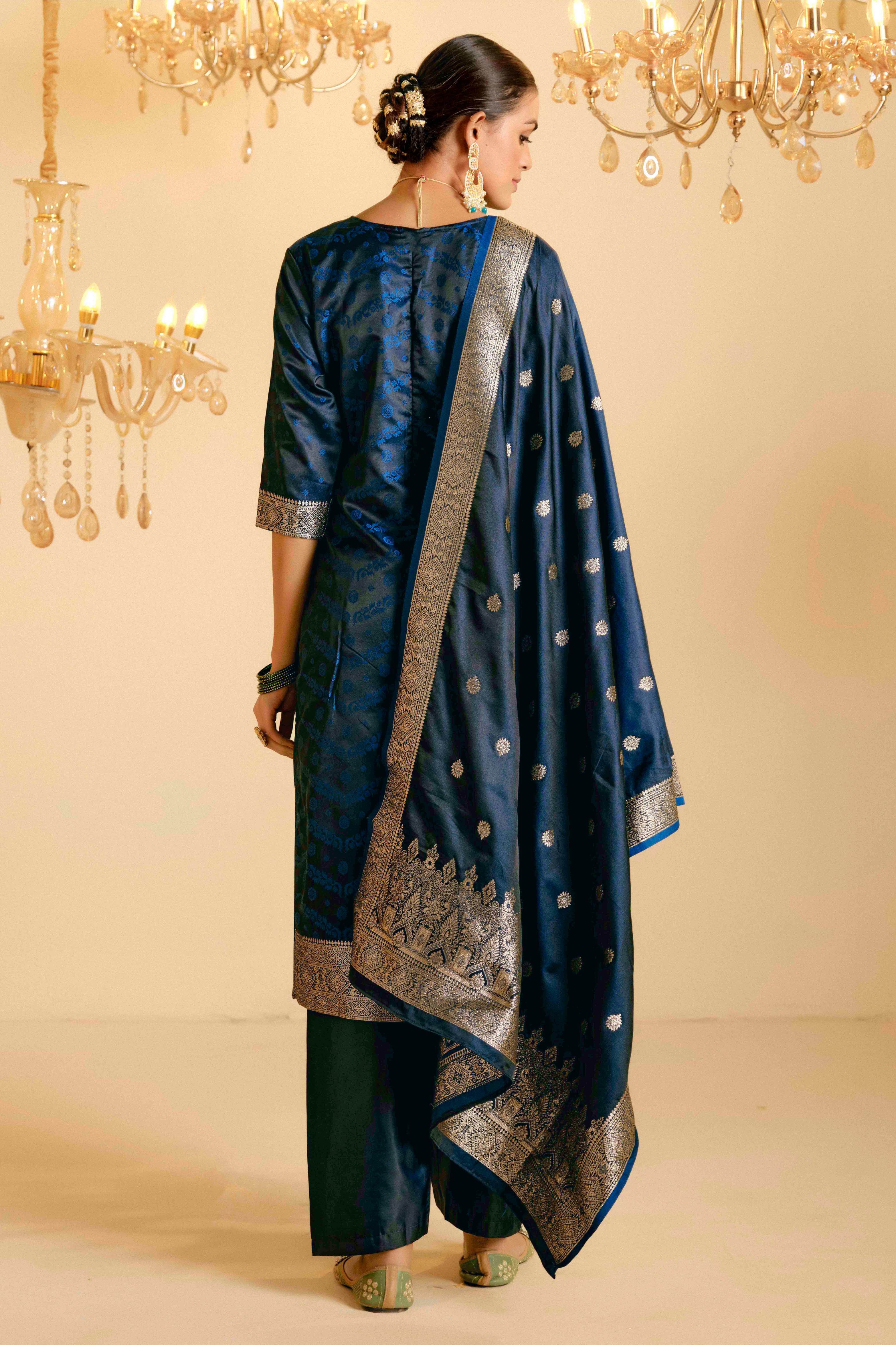 Peacock Blue Satin Silk Woven Readymade Salwar Suit Set