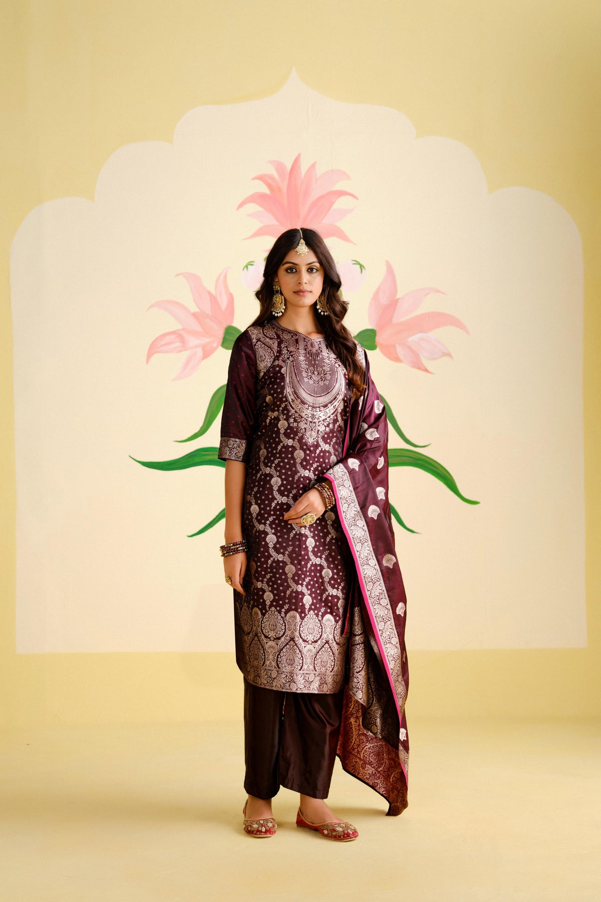 Wine Satin Silk Woven Readymade Salwar Suit Set