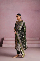 Bottle Green Satin Silk Woven Readymade Salwar Suit Set