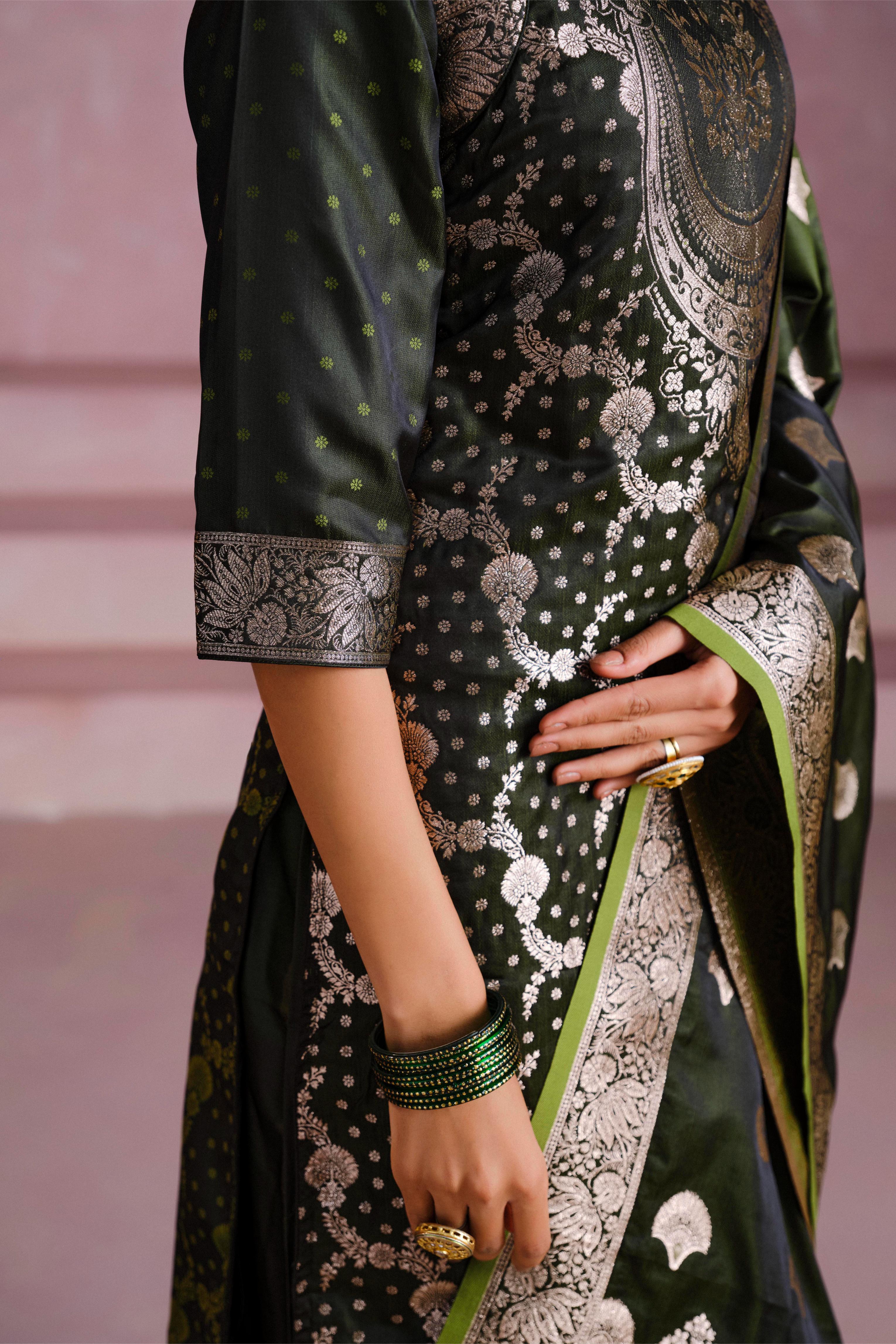 Bottle Green Satin Silk Woven Readymade Salwar Suit Set