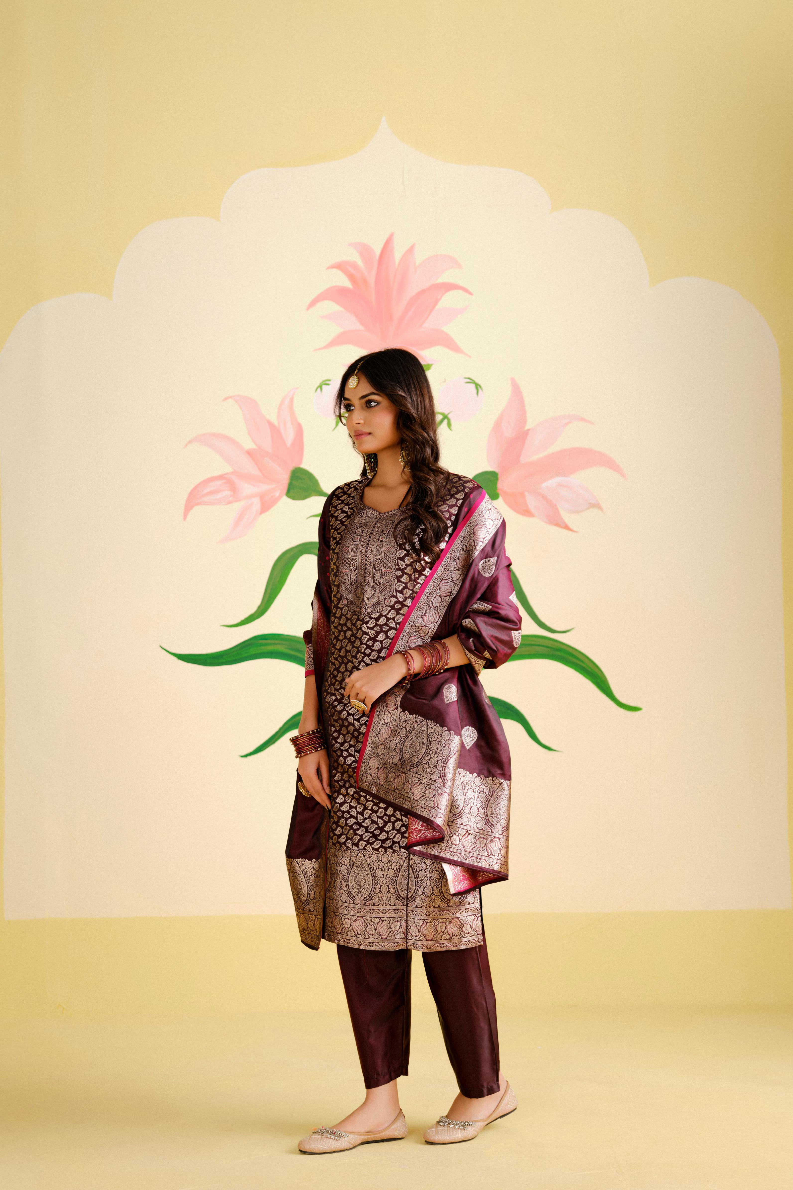 Wine Satin Silk Woven Readymade Salwar Suit Set