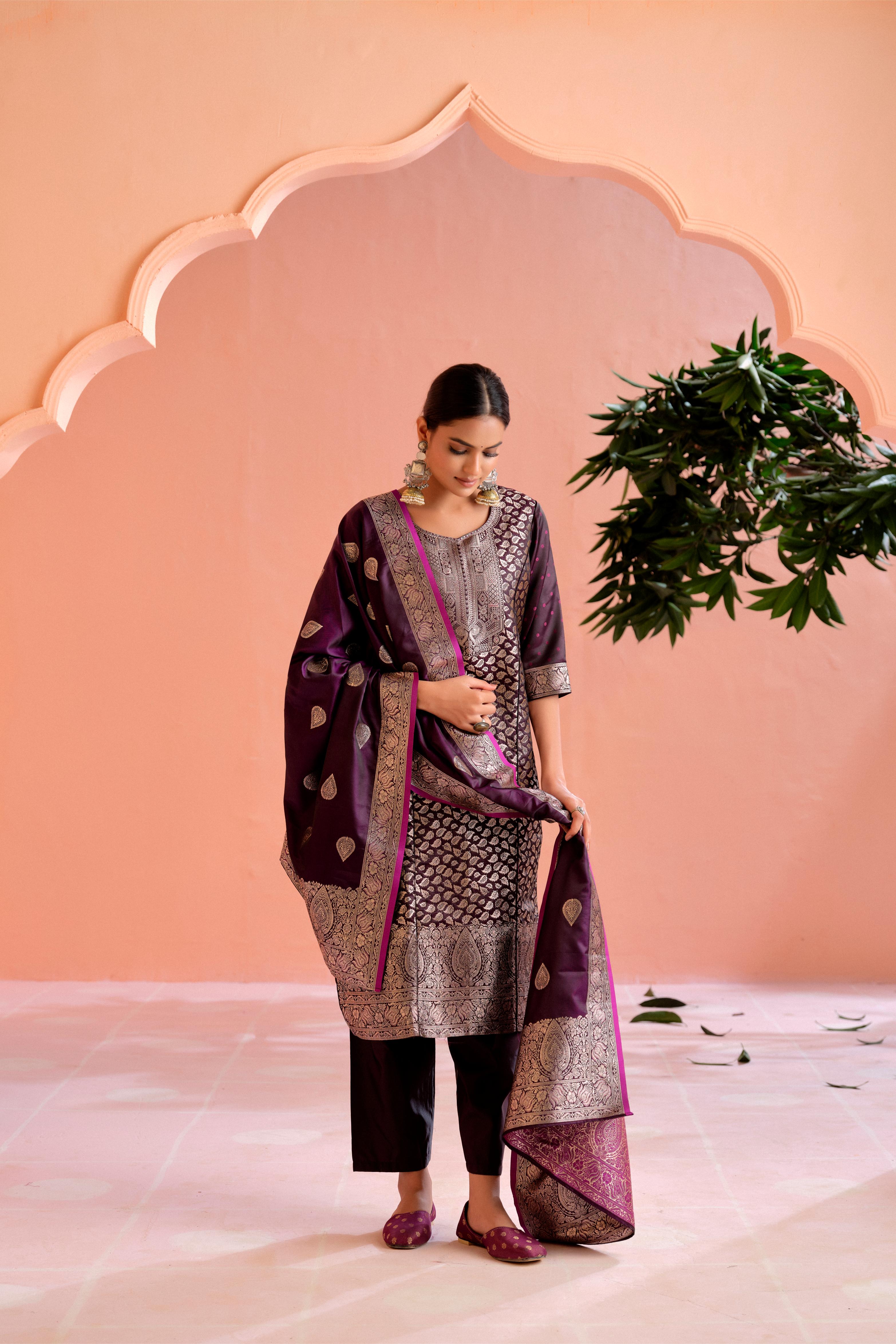 Purple Satin Silk Woven Readymade Salwar Suit Set