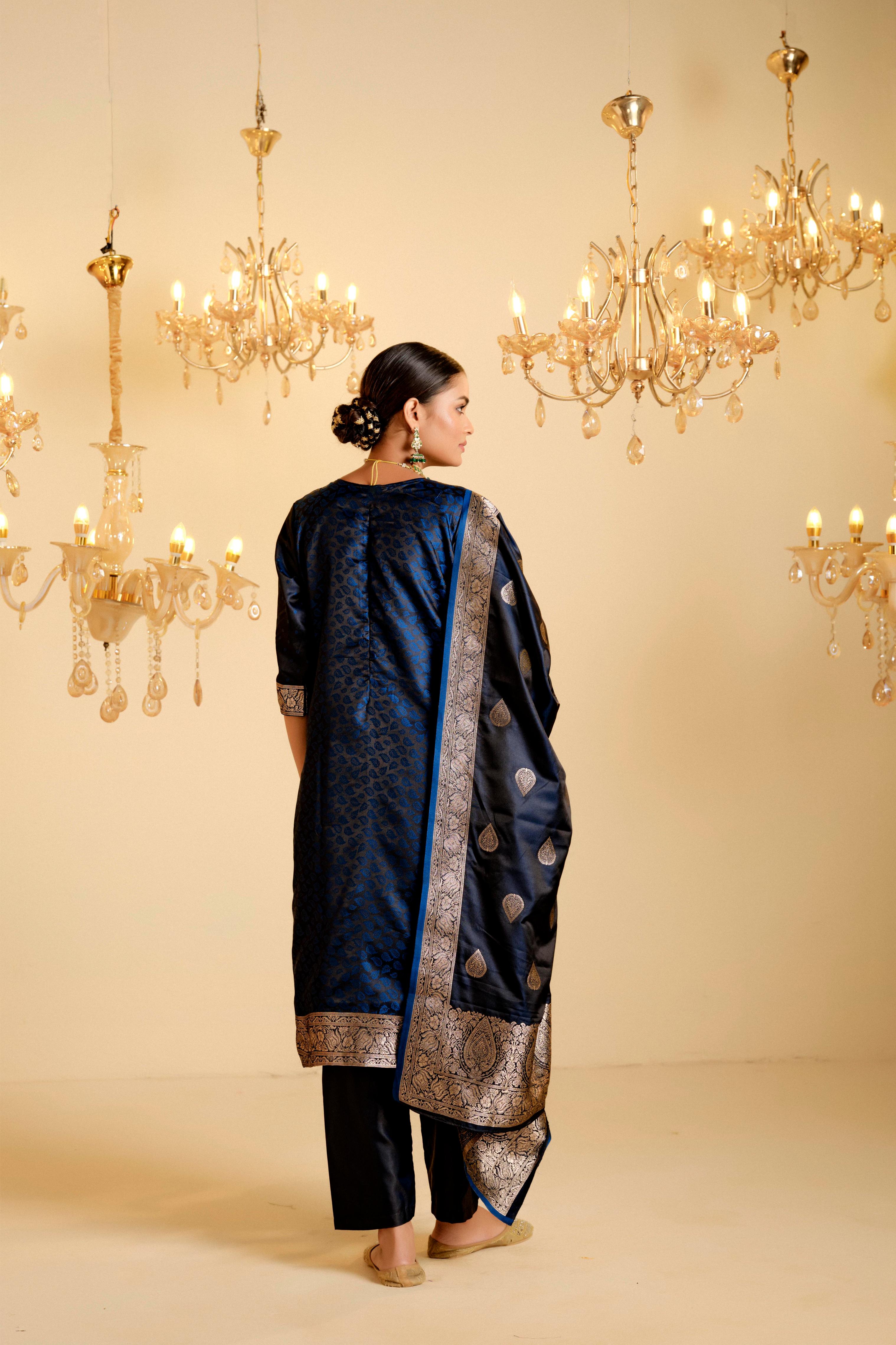 Peacock Blue Satin Silk Woven Readymade Salwar Suit Set