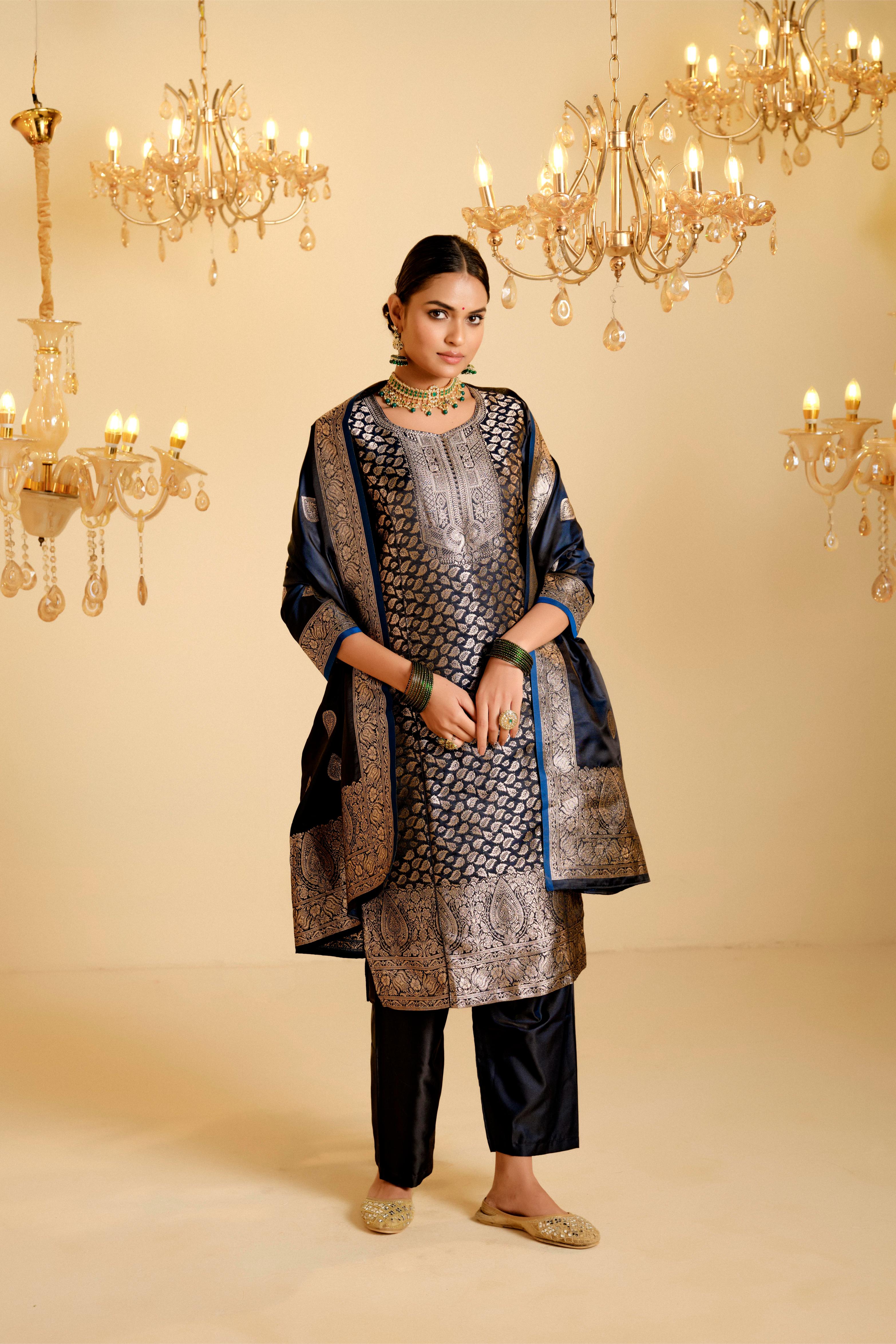 Peacock Blue Satin Silk Woven Readymade Salwar Suit Set