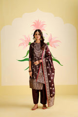 Maroon Satin Silk Woven Readymade Salwar Suit Set