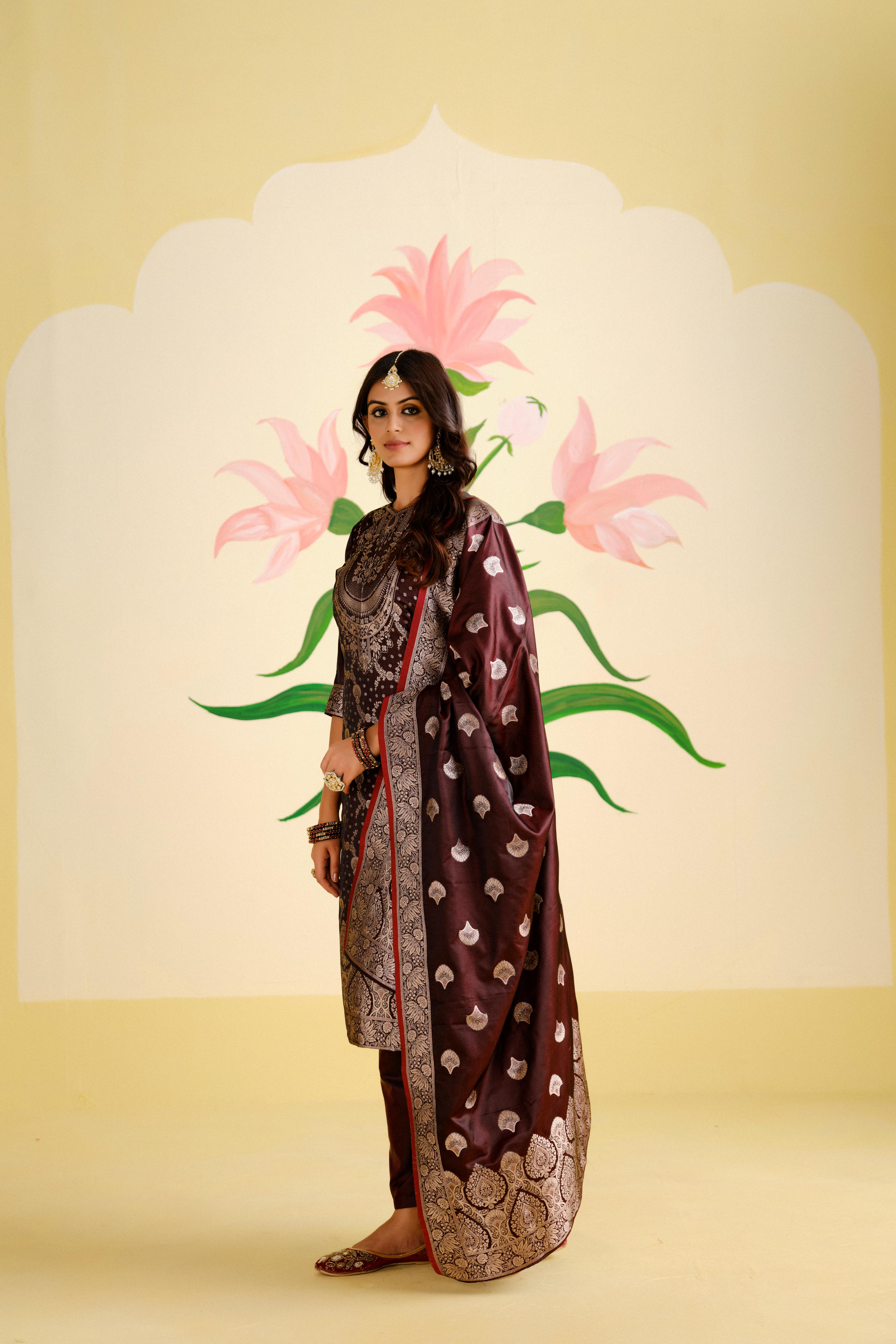 Maroon Satin Silk Woven Readymade Salwar Suit Set