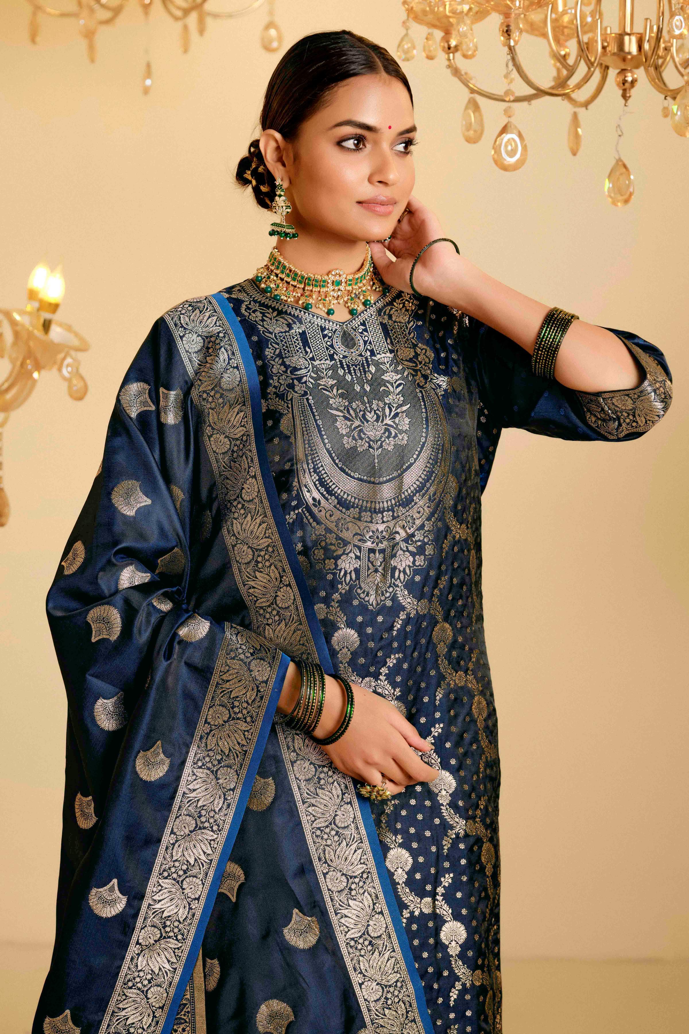 Peacock Blue Satin Silk Woven Readymade Salwar Suit Set