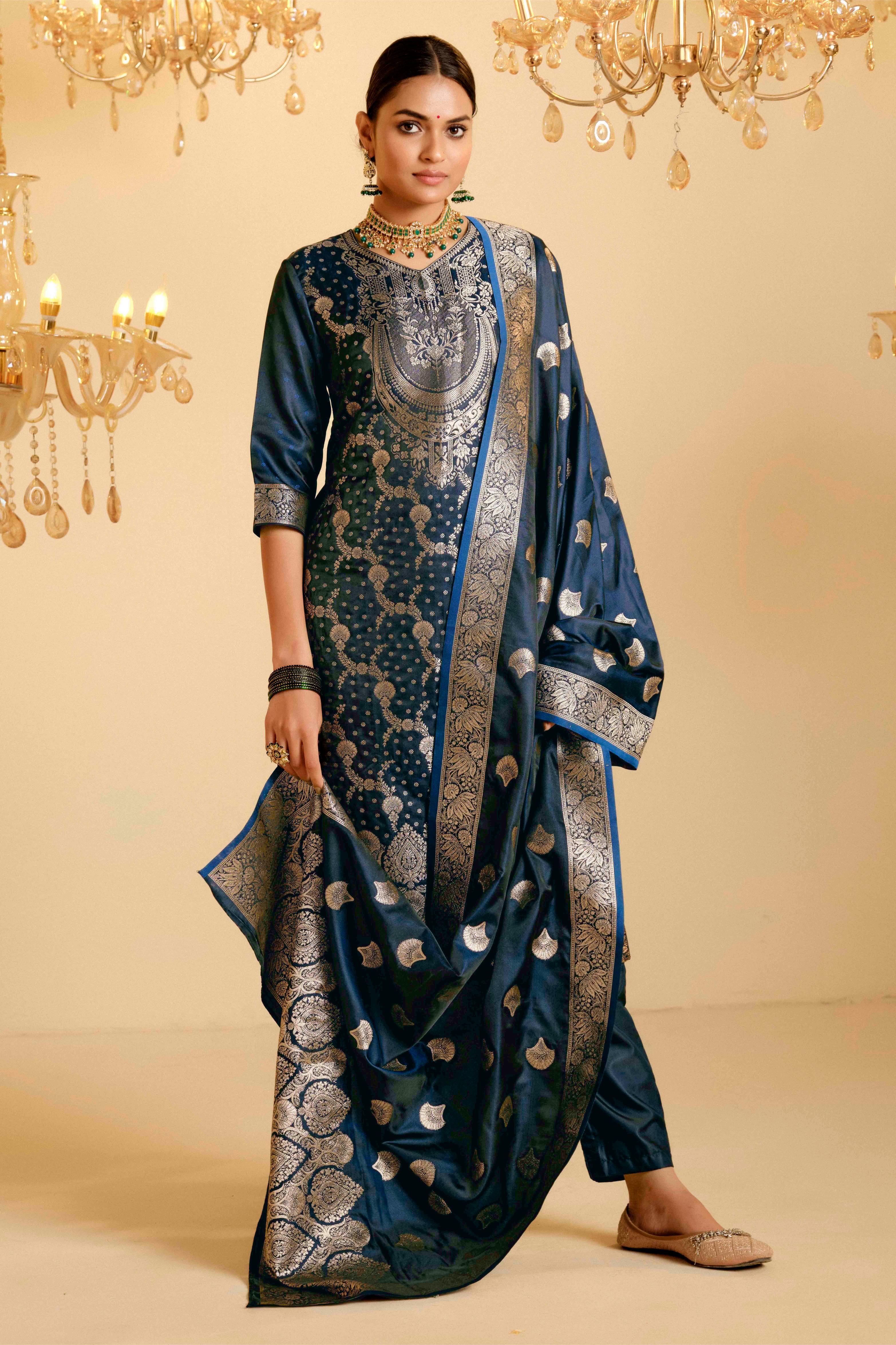 Peacock Blue Satin Silk Woven Readymade Salwar Suit Set