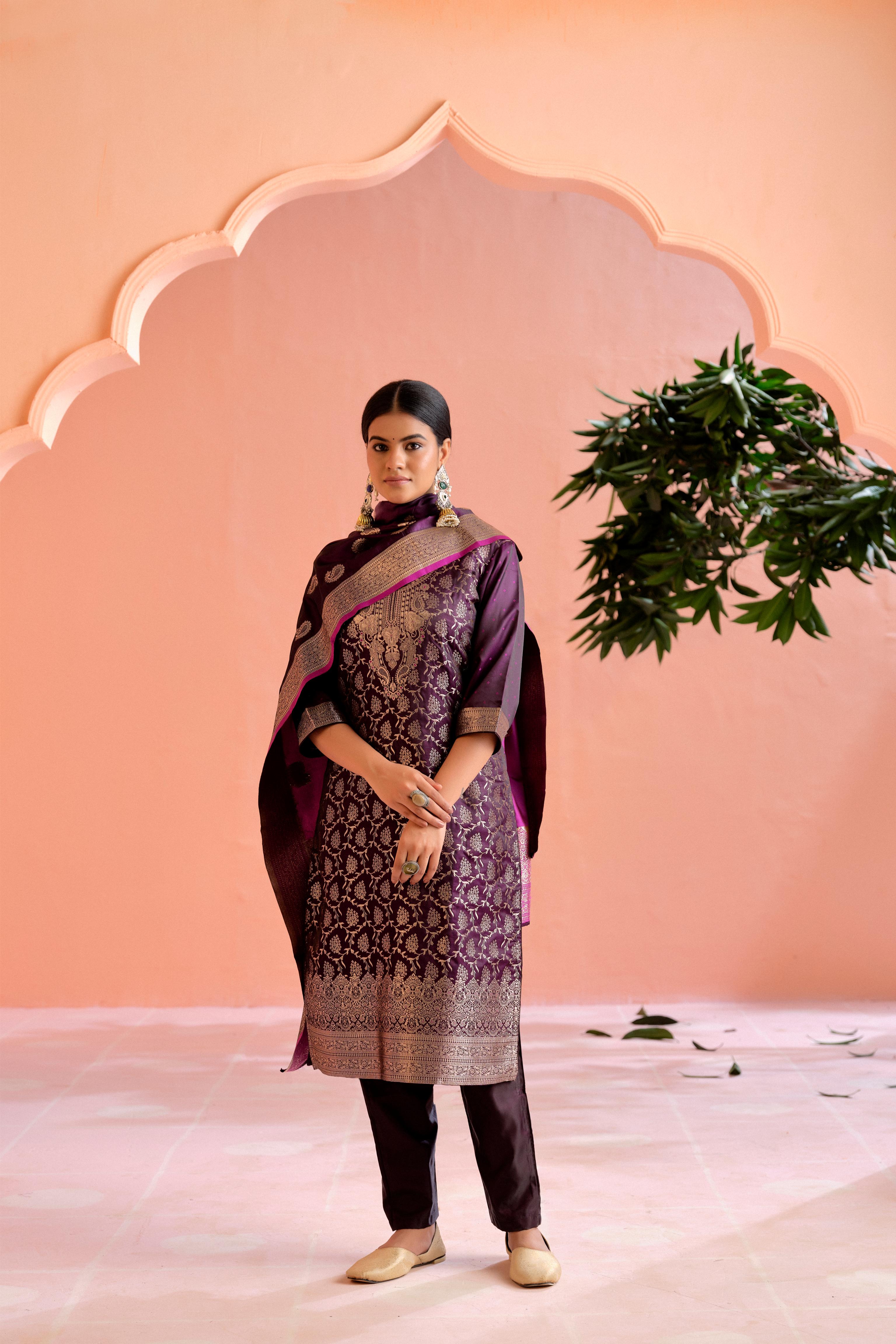 Purple Satin Silk Woven Readymade Salwar Suit Set