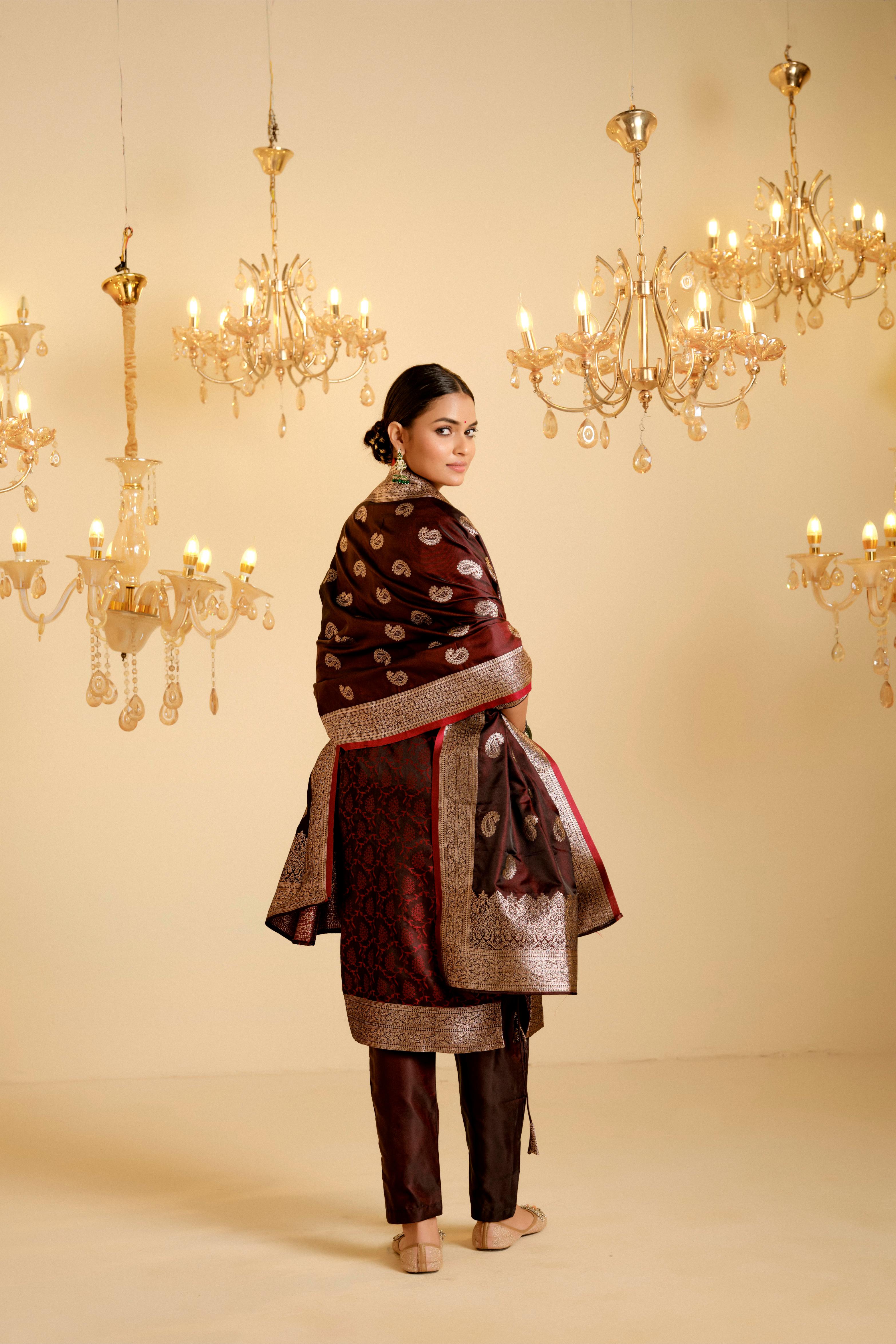 Maroon Satin Silk Woven Readymade Salwar Suit Set