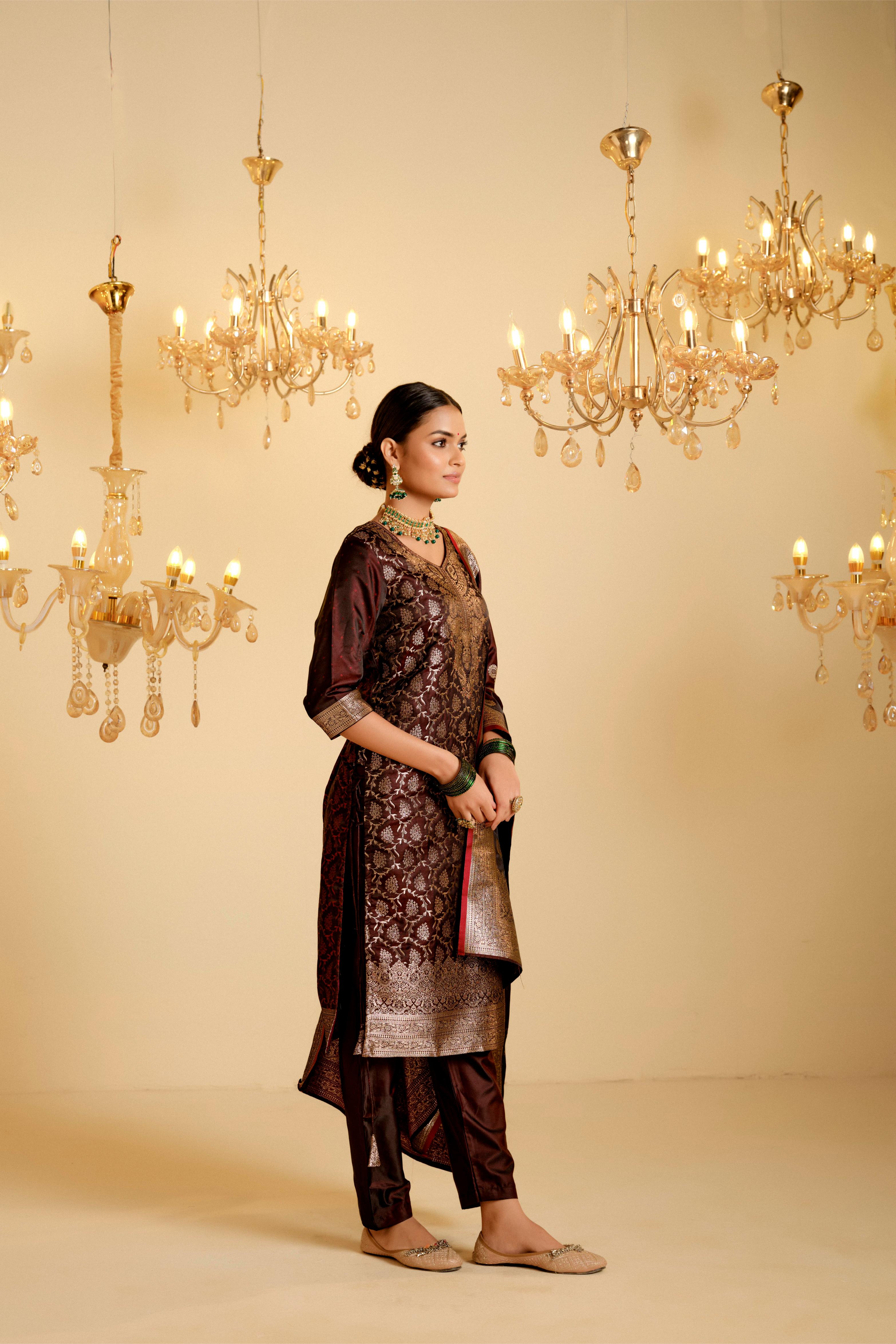 Maroon Satin Silk Woven Readymade Salwar Suit Set