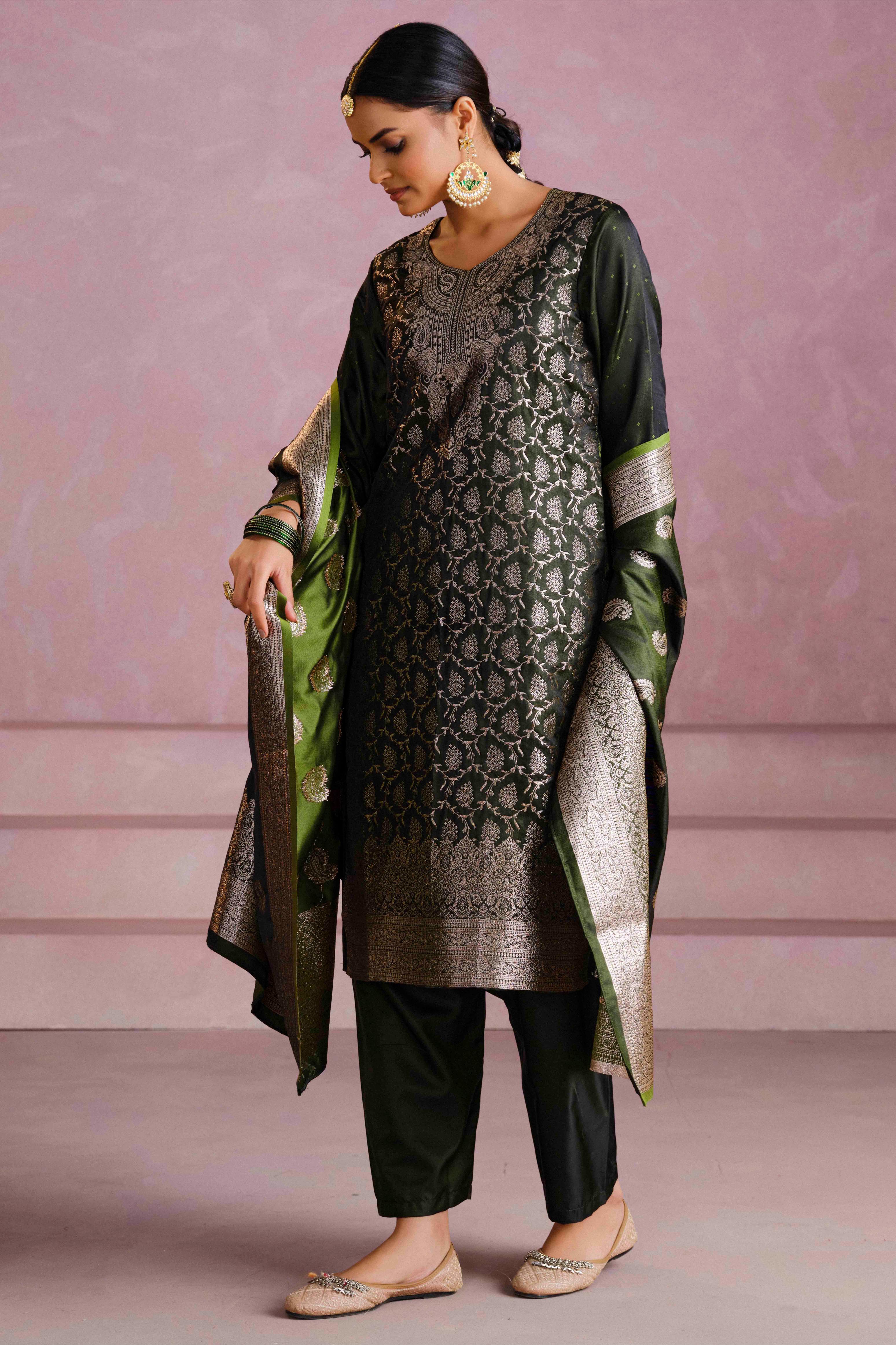 Bottle Green Satin Silk Woven Readymade Salwar Suit Set