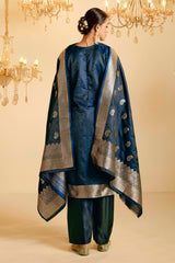 Peacock Blue Satin Silk Woven Readymade Salwar Suit Set