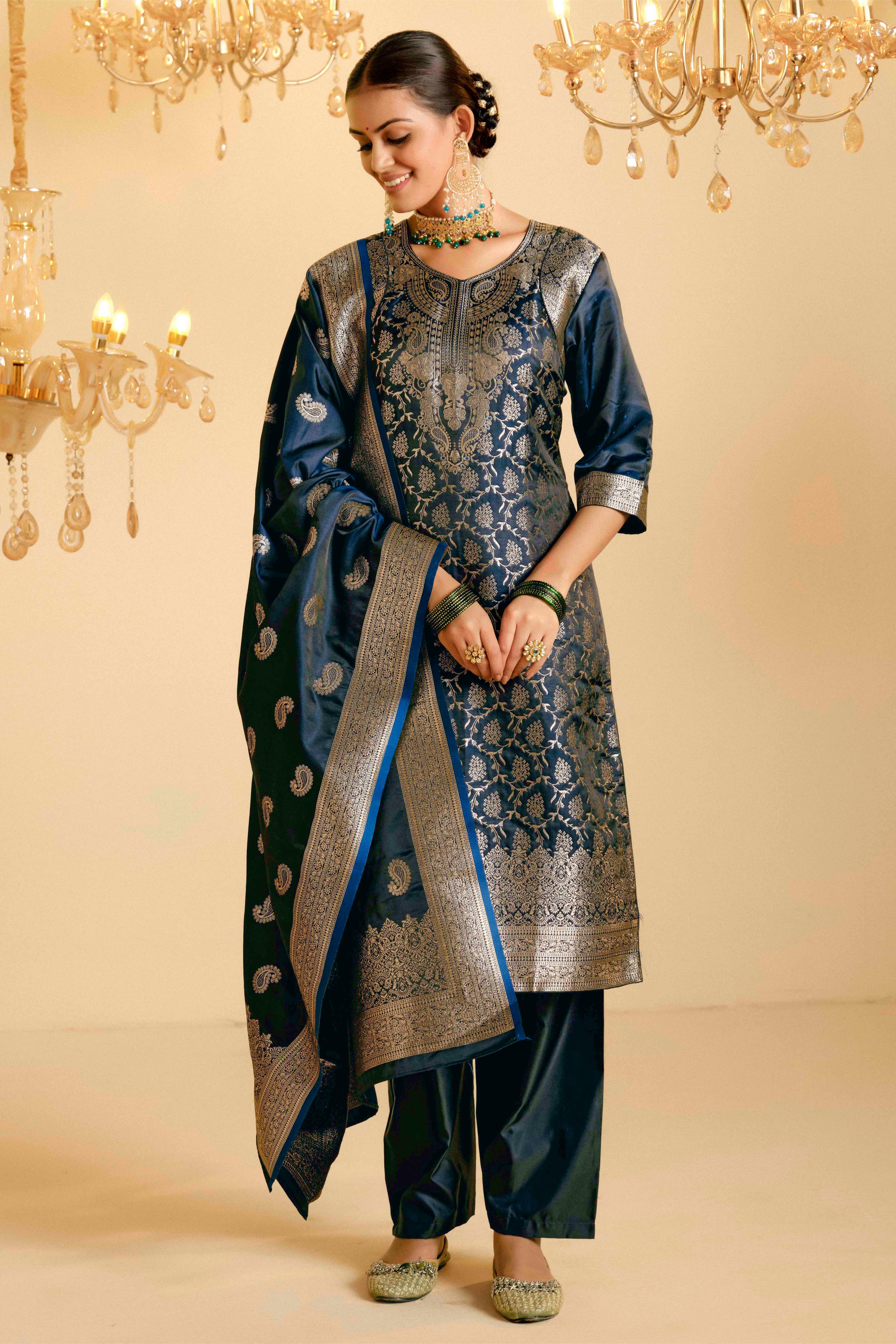 Peacock Blue Satin Silk Woven Readymade Salwar Suit Set