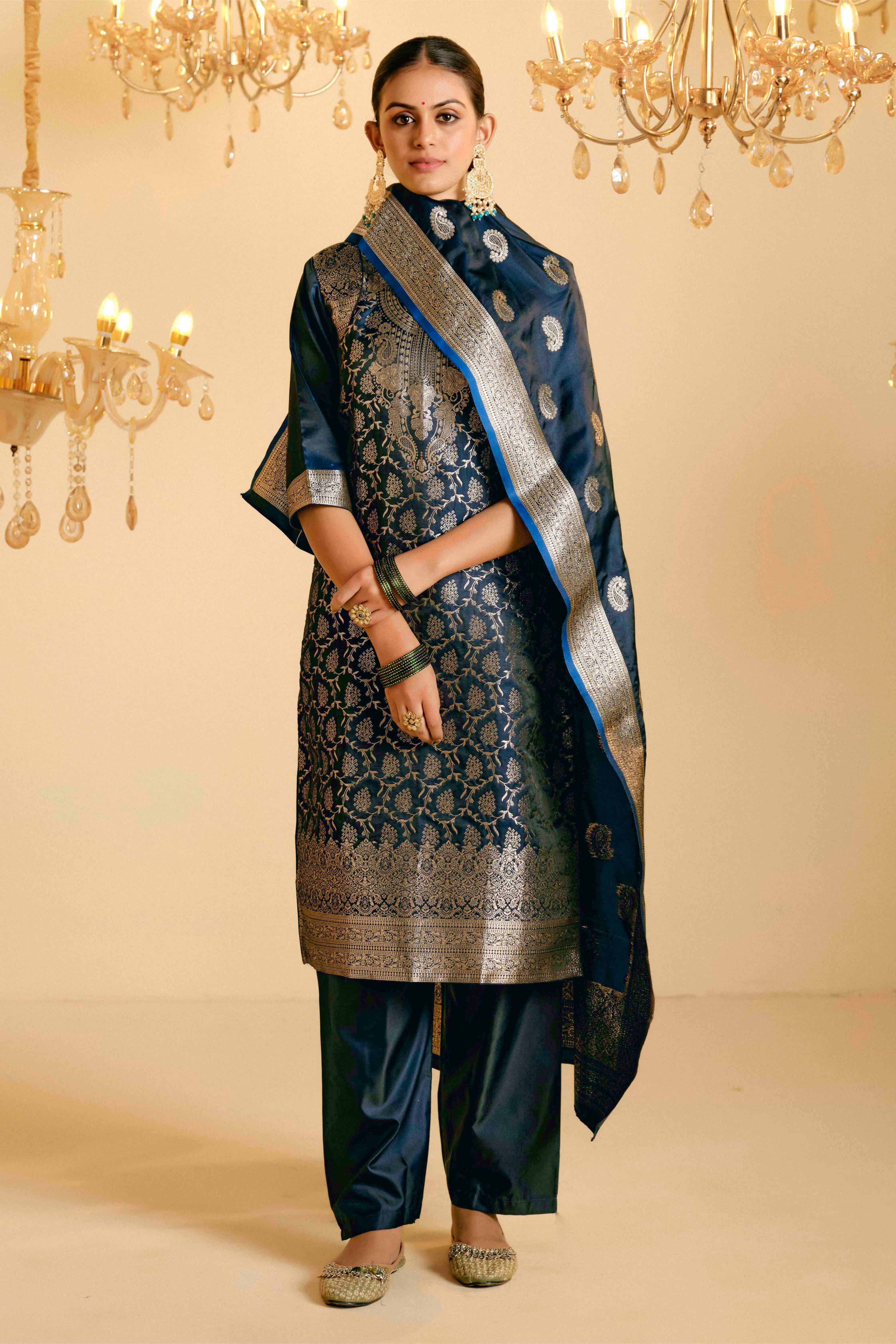 Peacock Blue Satin Silk Woven Readymade Salwar Suit Set