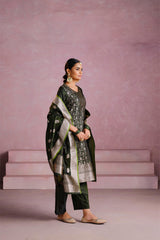 Green Satin Silk Woven Readymade Salwar Suit Set