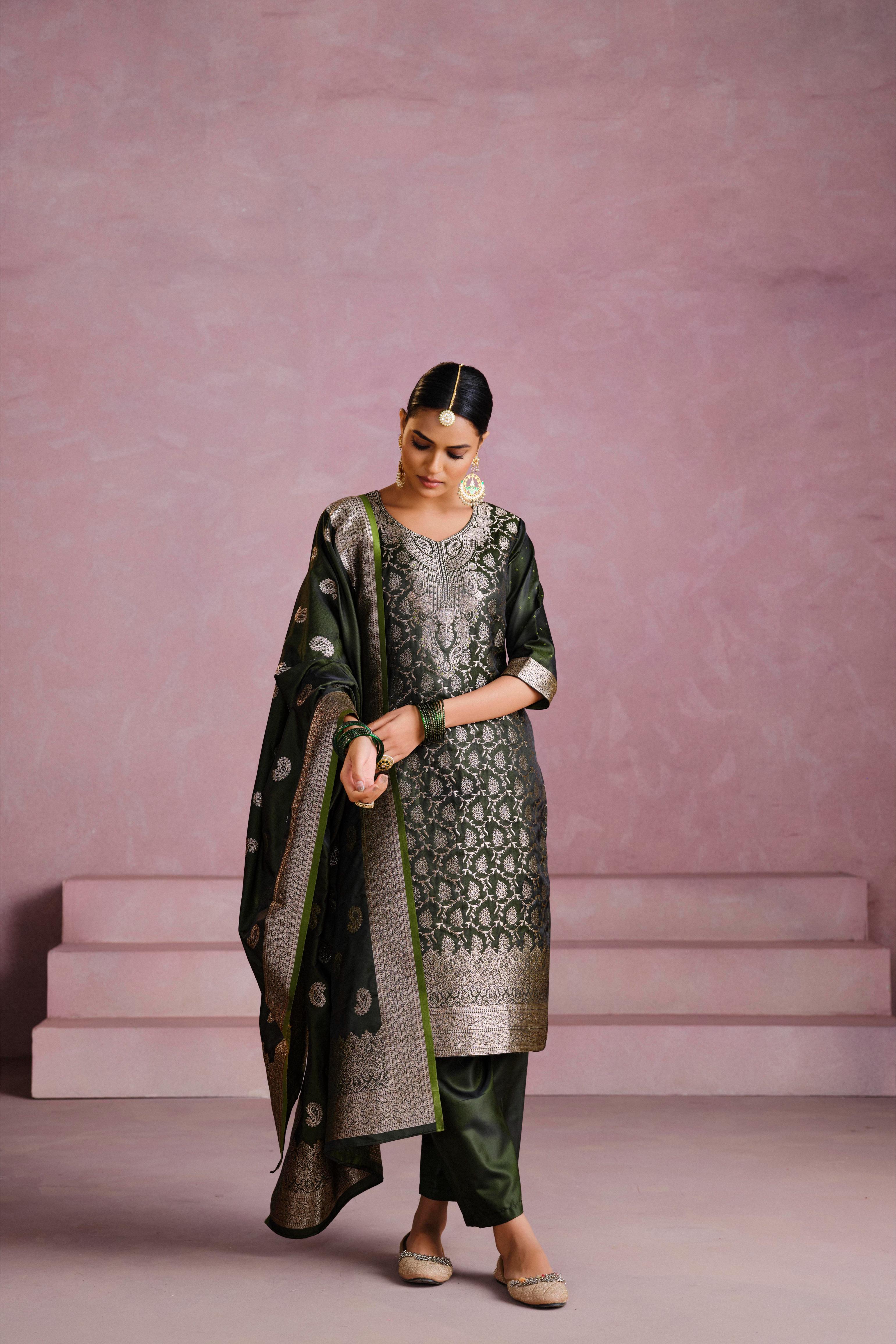 Green Satin Silk Woven Readymade Salwar Suit Set