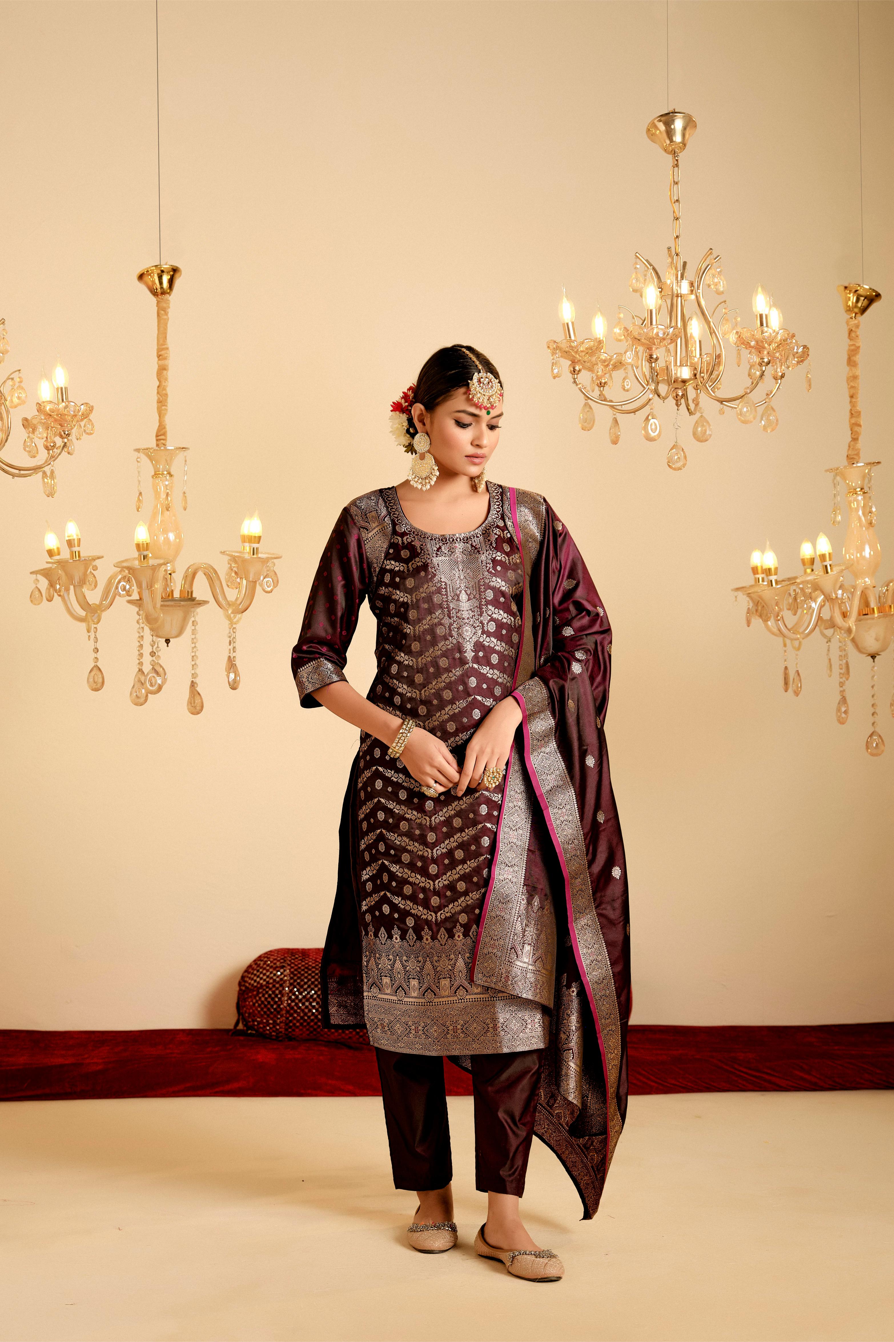 Maroon Satin Silk Woven Readymade Salwar Suit Set