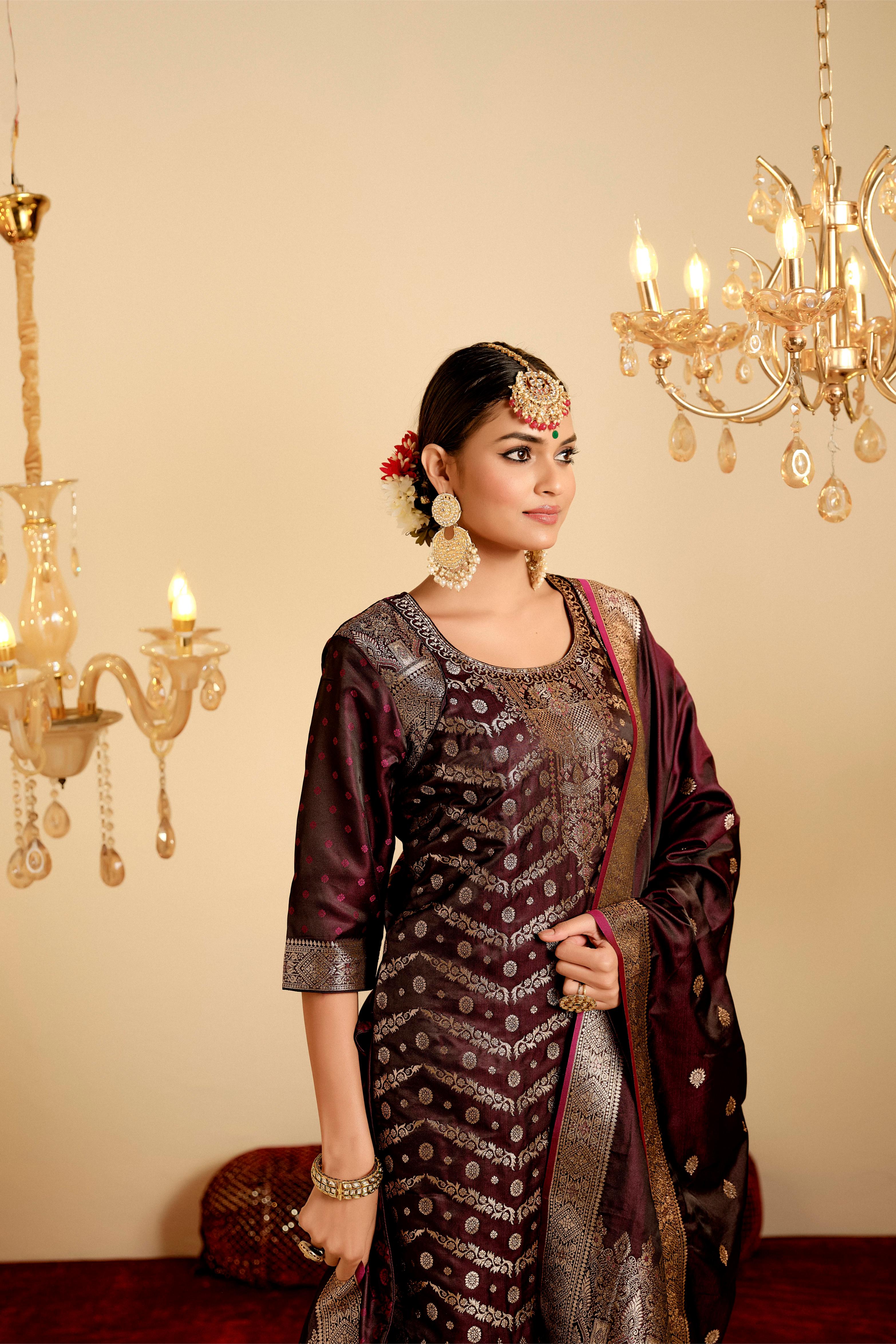 Maroon Satin Silk Woven Readymade Salwar Suit Set