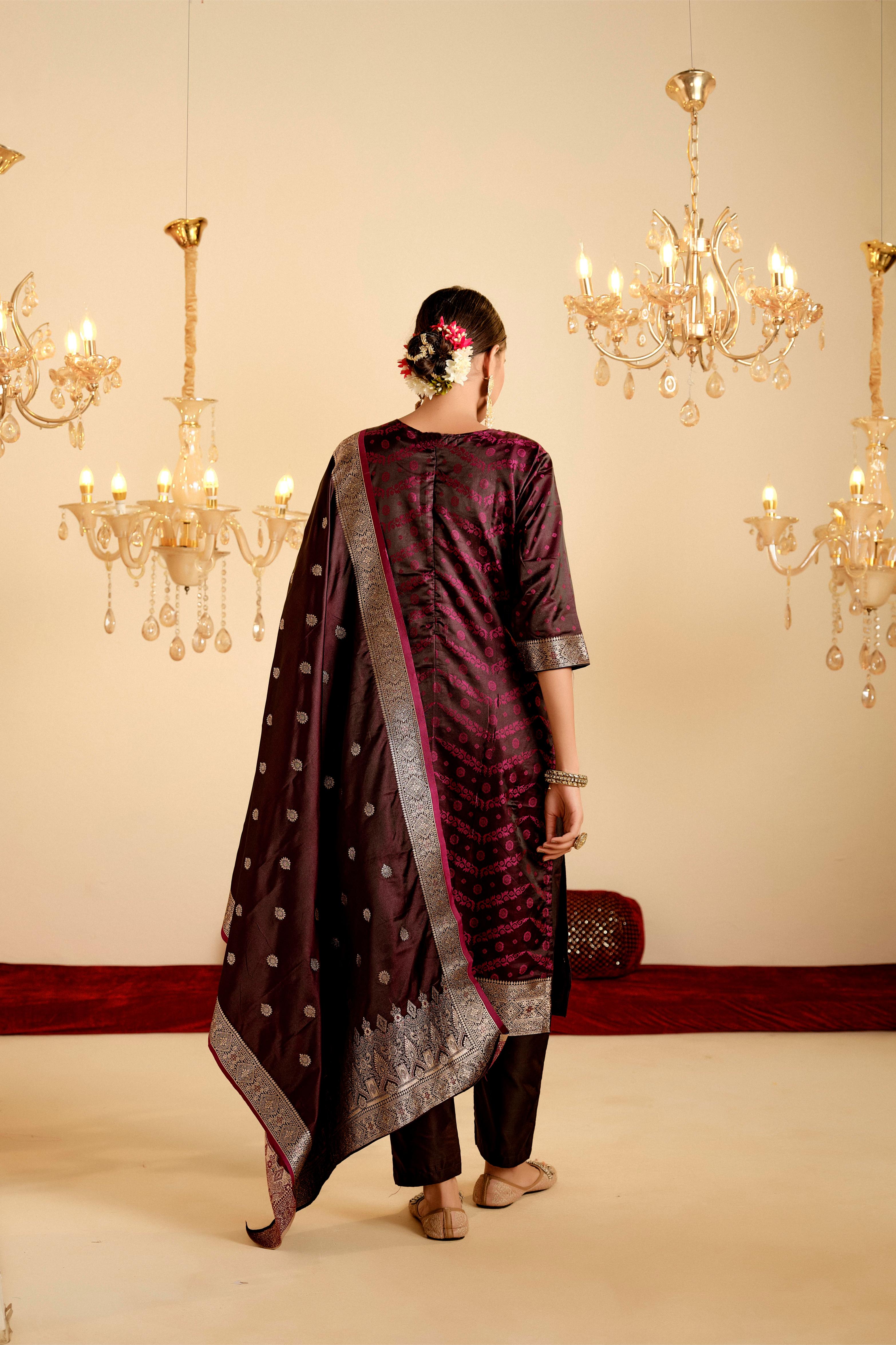 Maroon Satin Silk Woven Readymade Salwar Suit Set