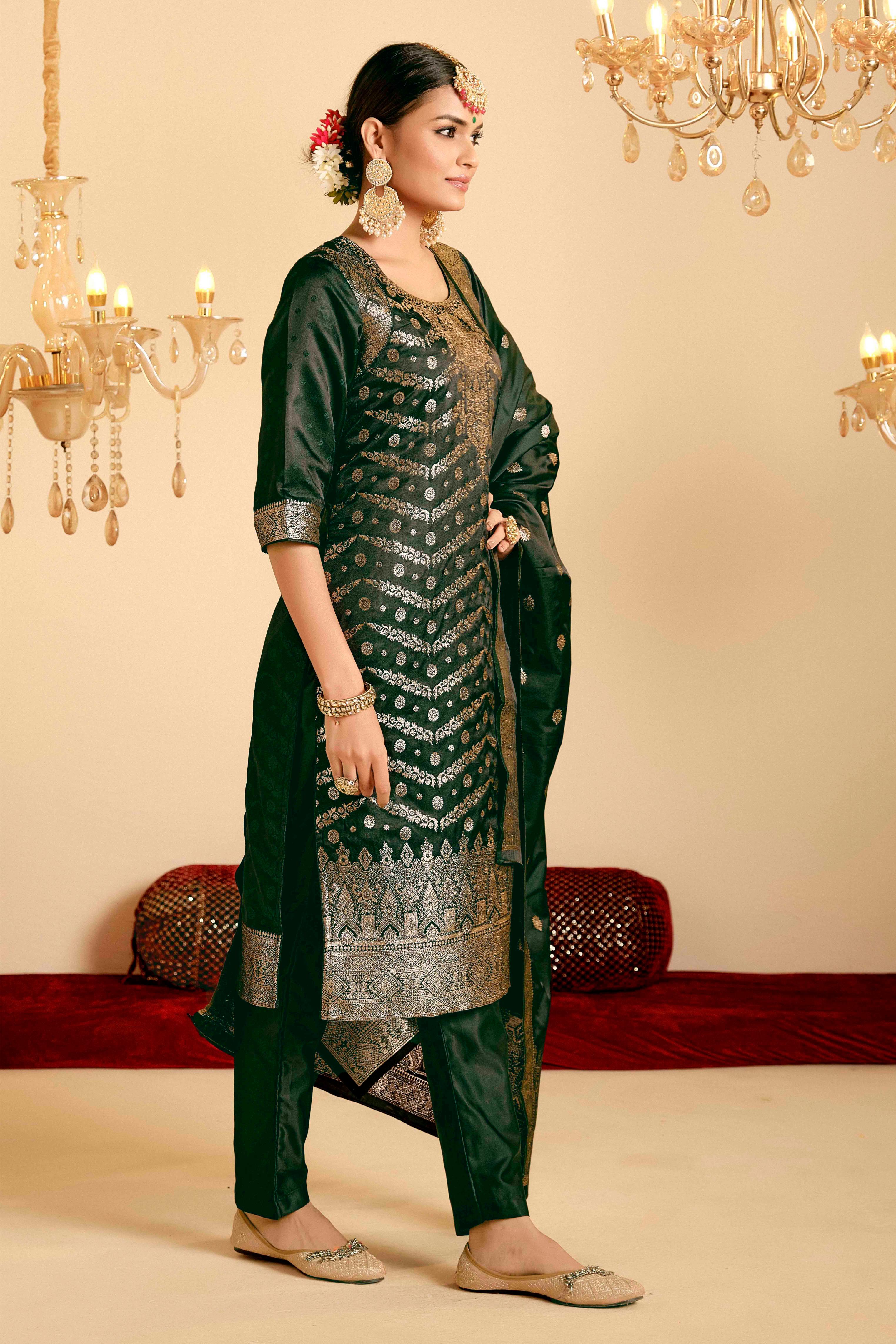 Bottle Green Satin Silk Woven Readymade Salwar Suit Set