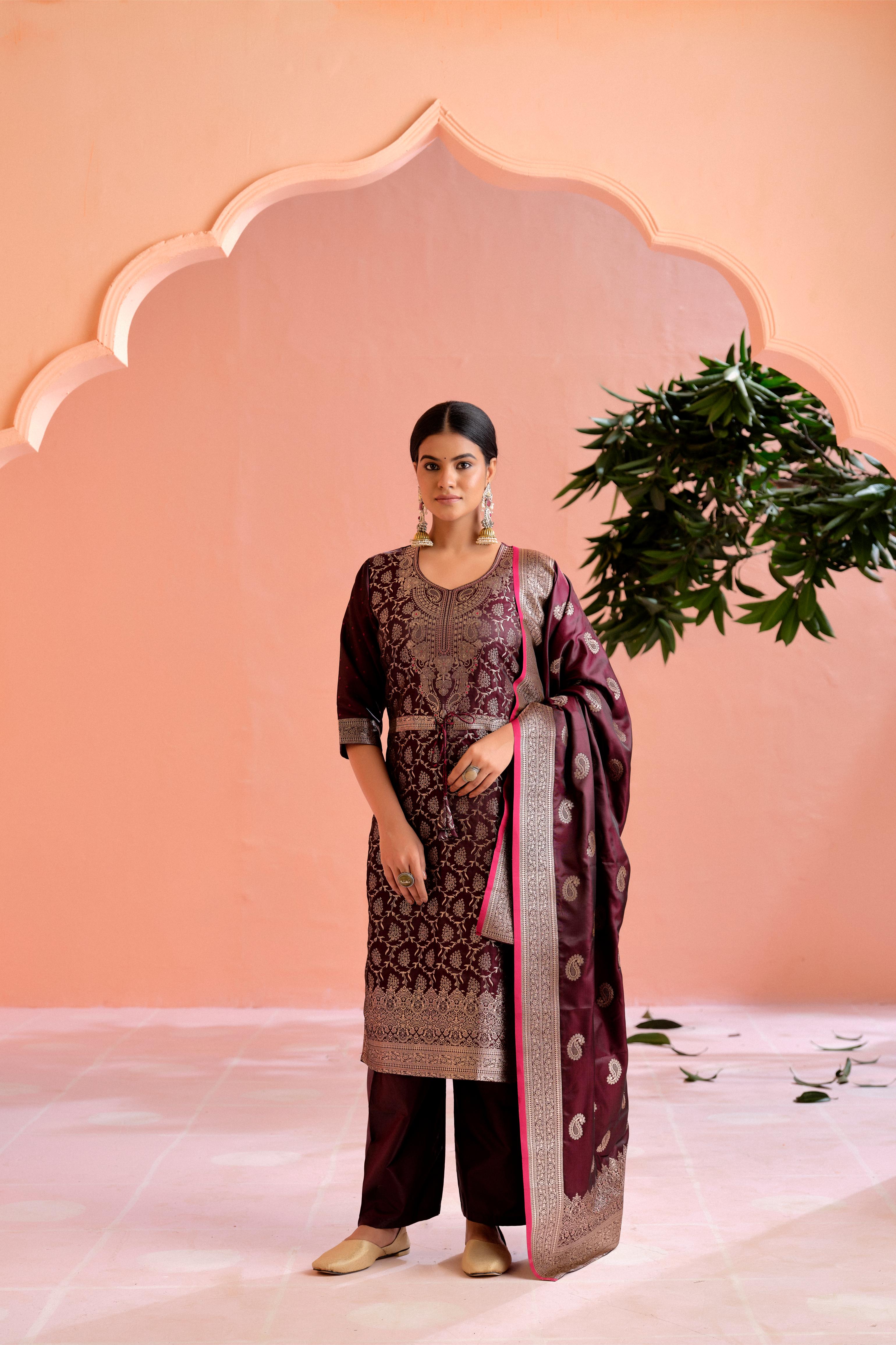 Wine Satin Silk Woven Readymade Salwar Suit Set