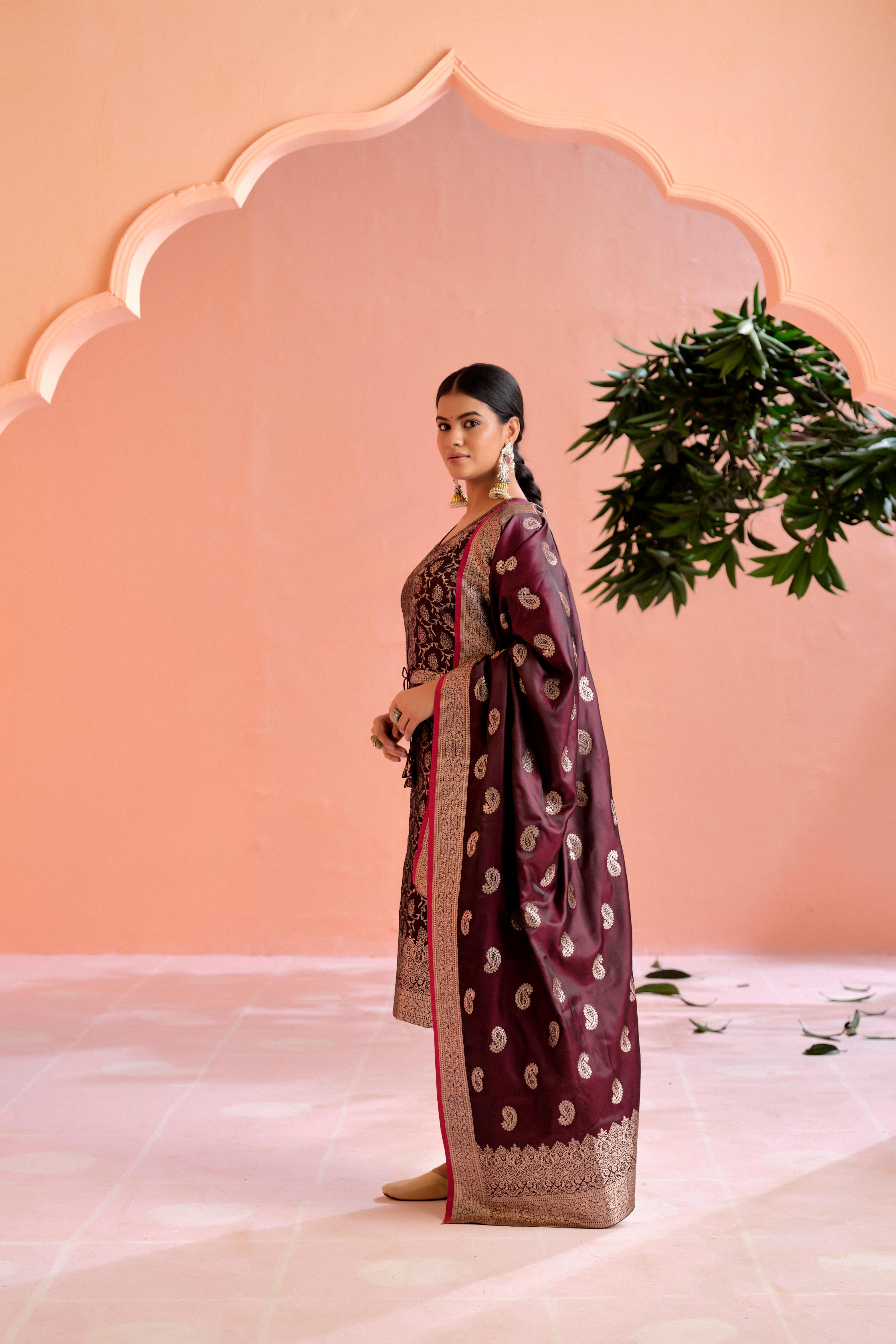 Wine Satin Silk Woven Readymade Salwar Suit Set