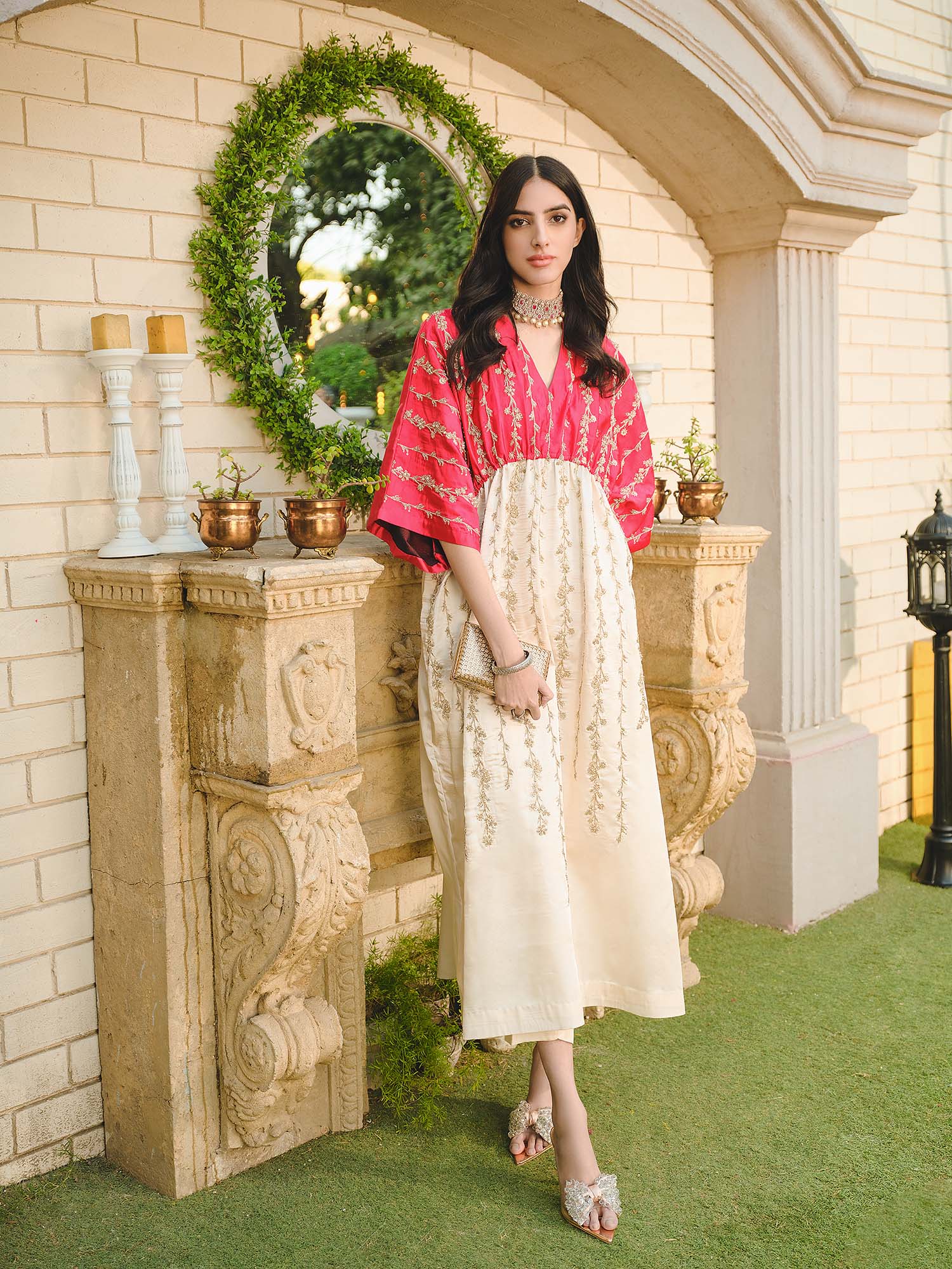 Pink Off White Shamose Silk Embroidered Kaftan Top and Bottom Set