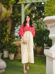 Pink Off White Shamose Silk Embroidered Kaftan Top and Bottom Set