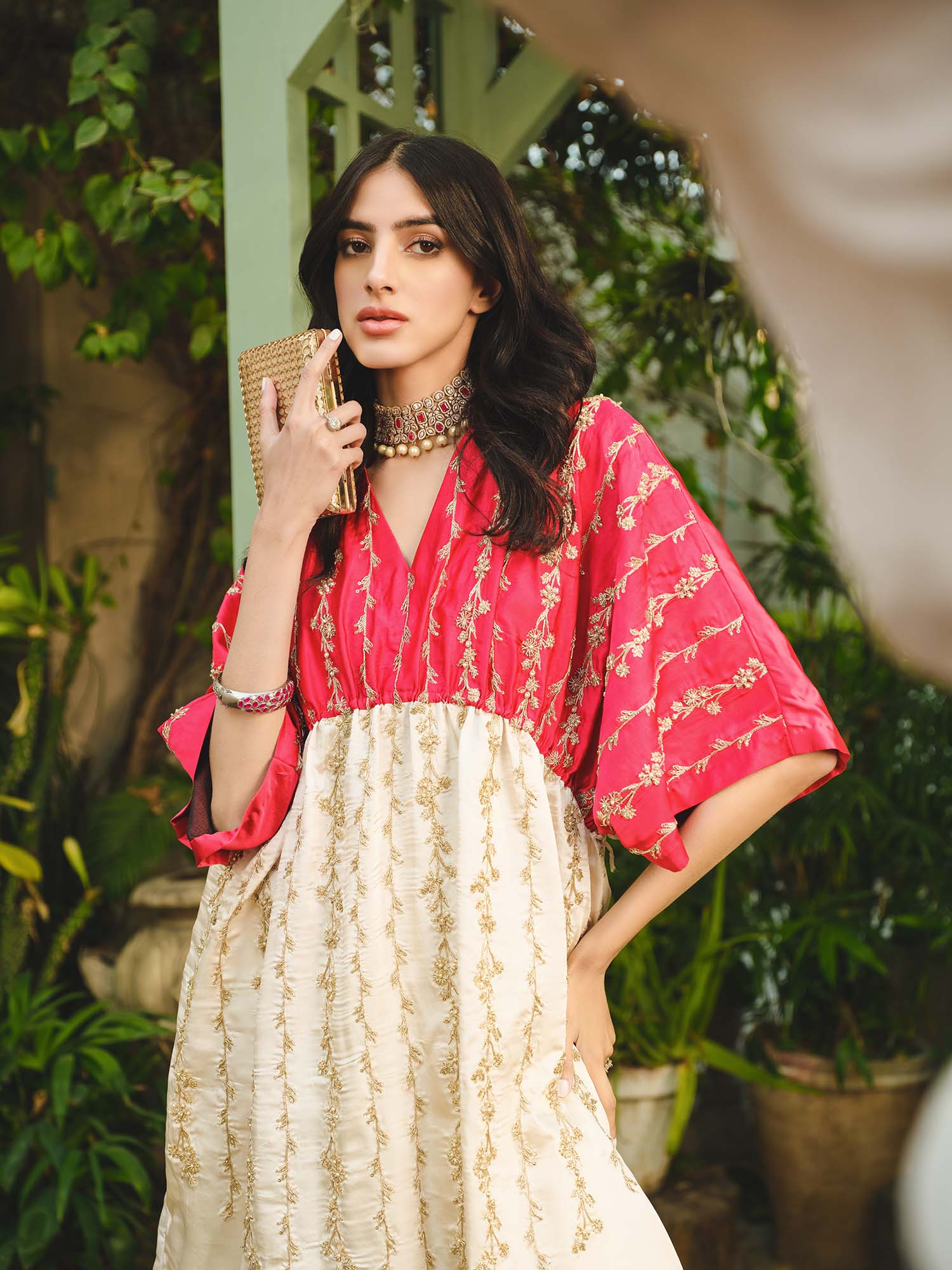 Pink Off White Shamose Silk Embroidered Kaftan Top and Bottom Set