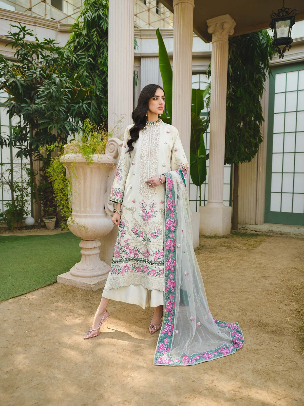 Off White Embroidered Raw Silk Long Salwar Suit with Bottom Dupatta