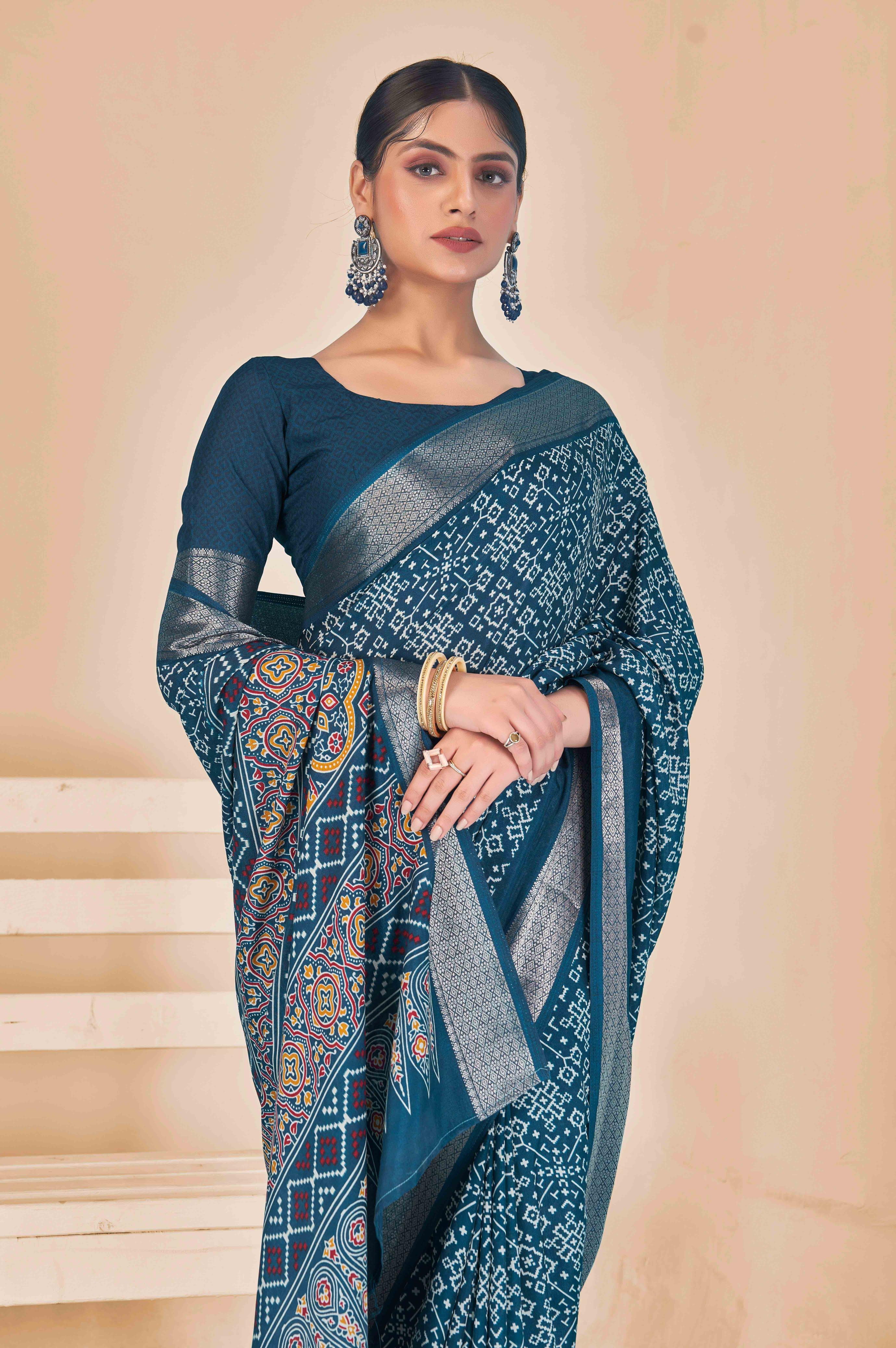 Sea Blue Dola Silk Patola Print Saree