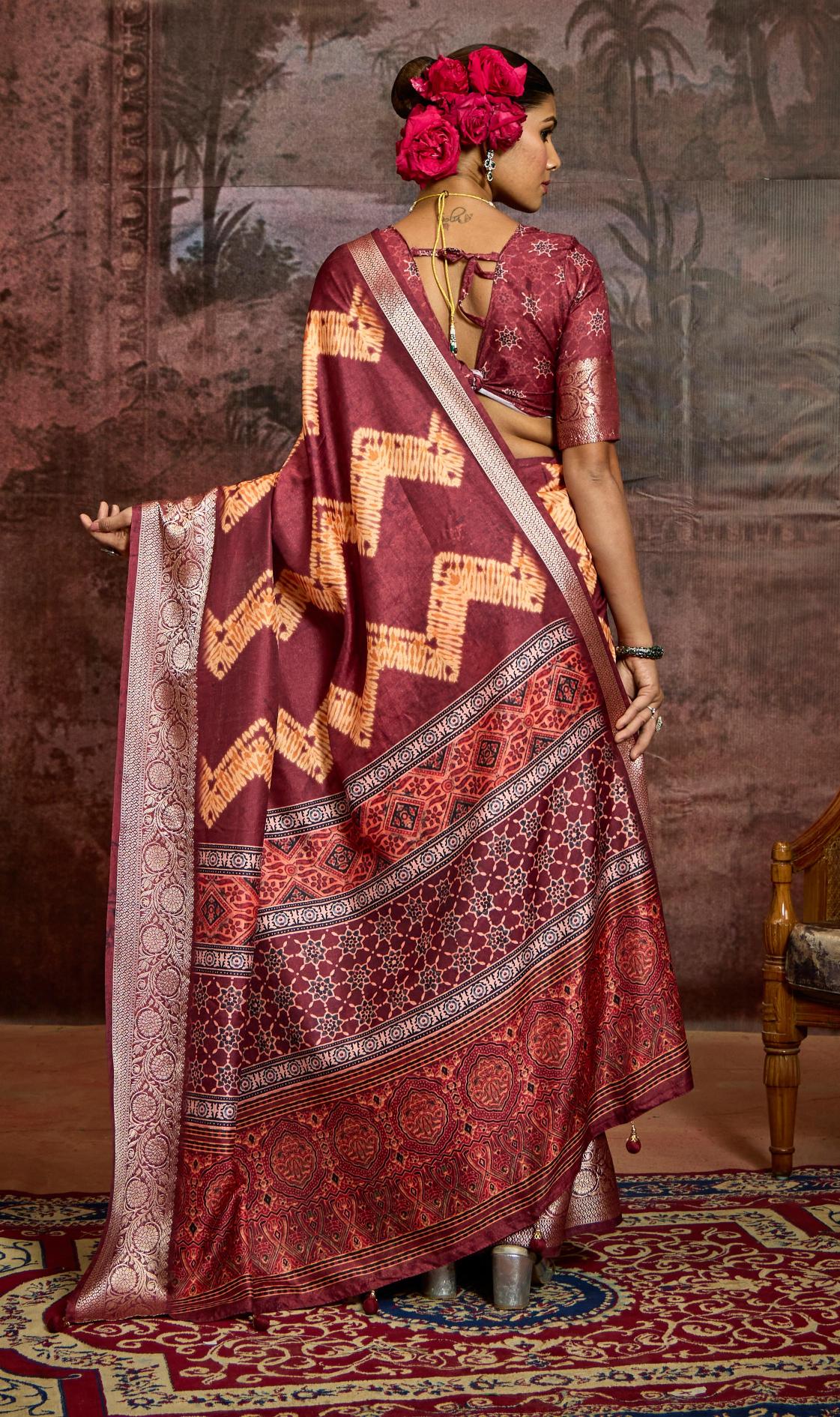 Maroon Velvet Tusser Silk  Abstract Saree