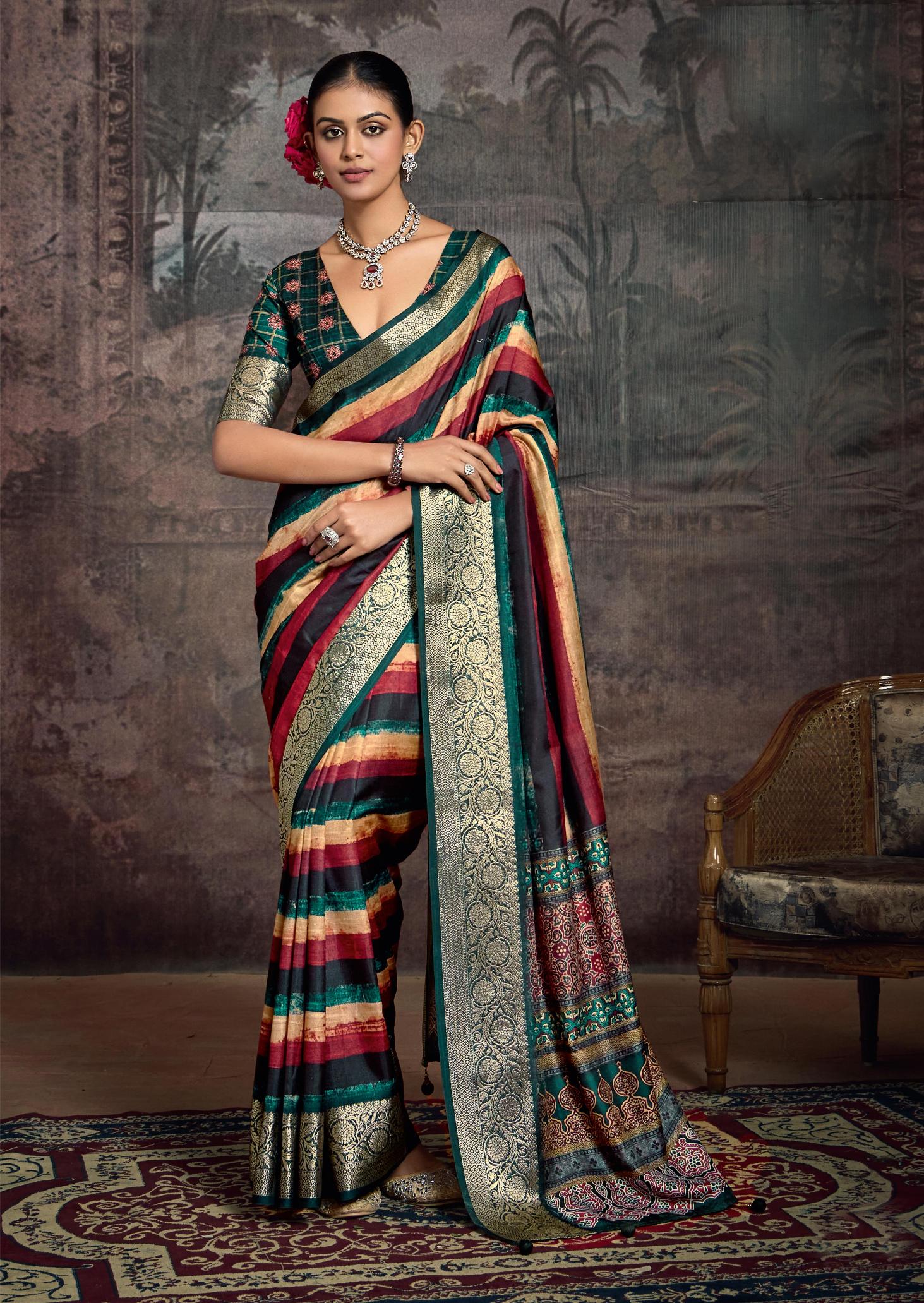 Multi Velvet Tusser Silk  Leheriya Saree-INRA1006